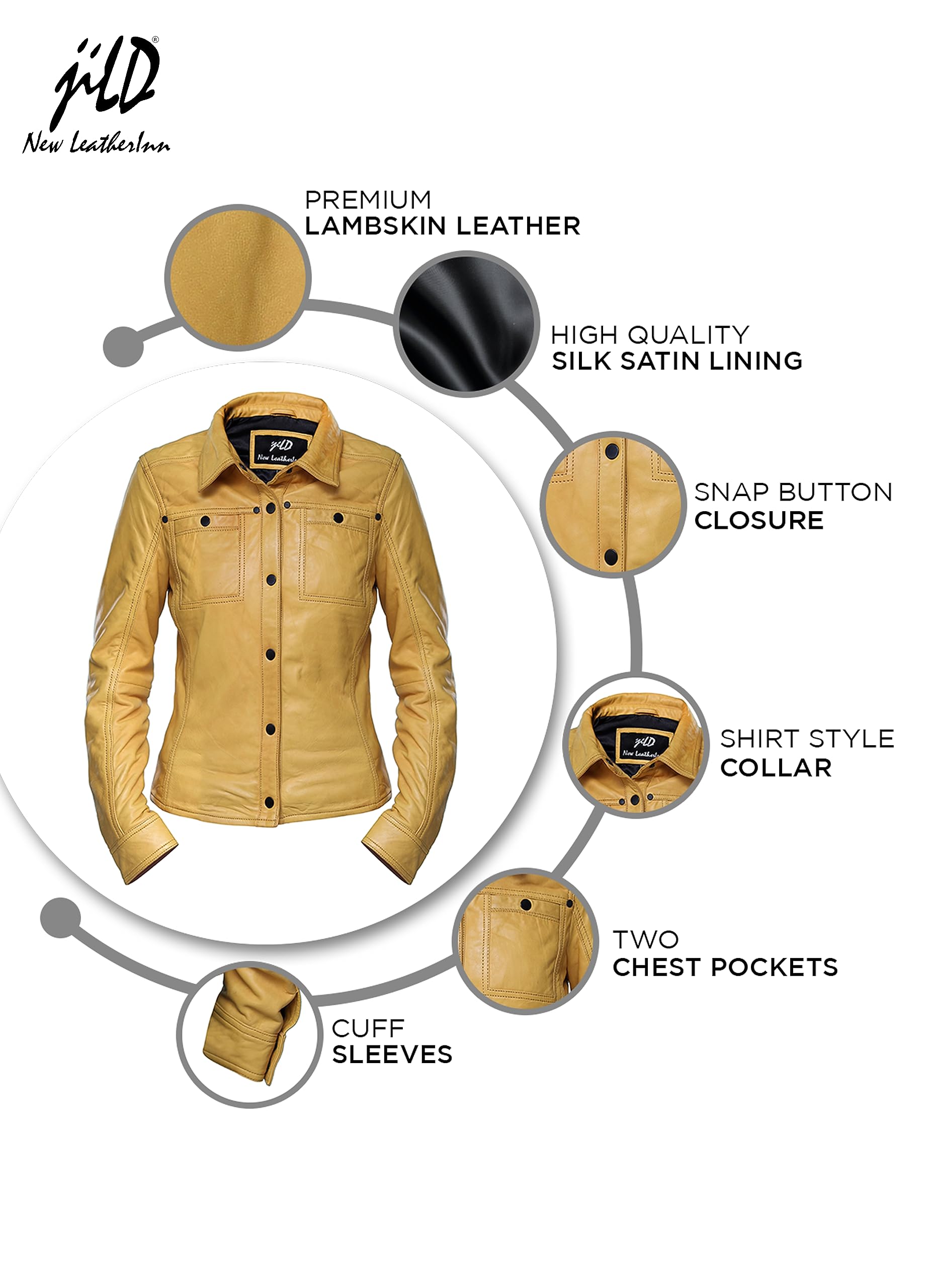 Jild Women's Button Front Lambskin Leather Jacket Shacket - Long Sleeve Casual Shirt Jacket with Bust Pocket | Perfect for Fall Layering, Date Nights & Office Wear