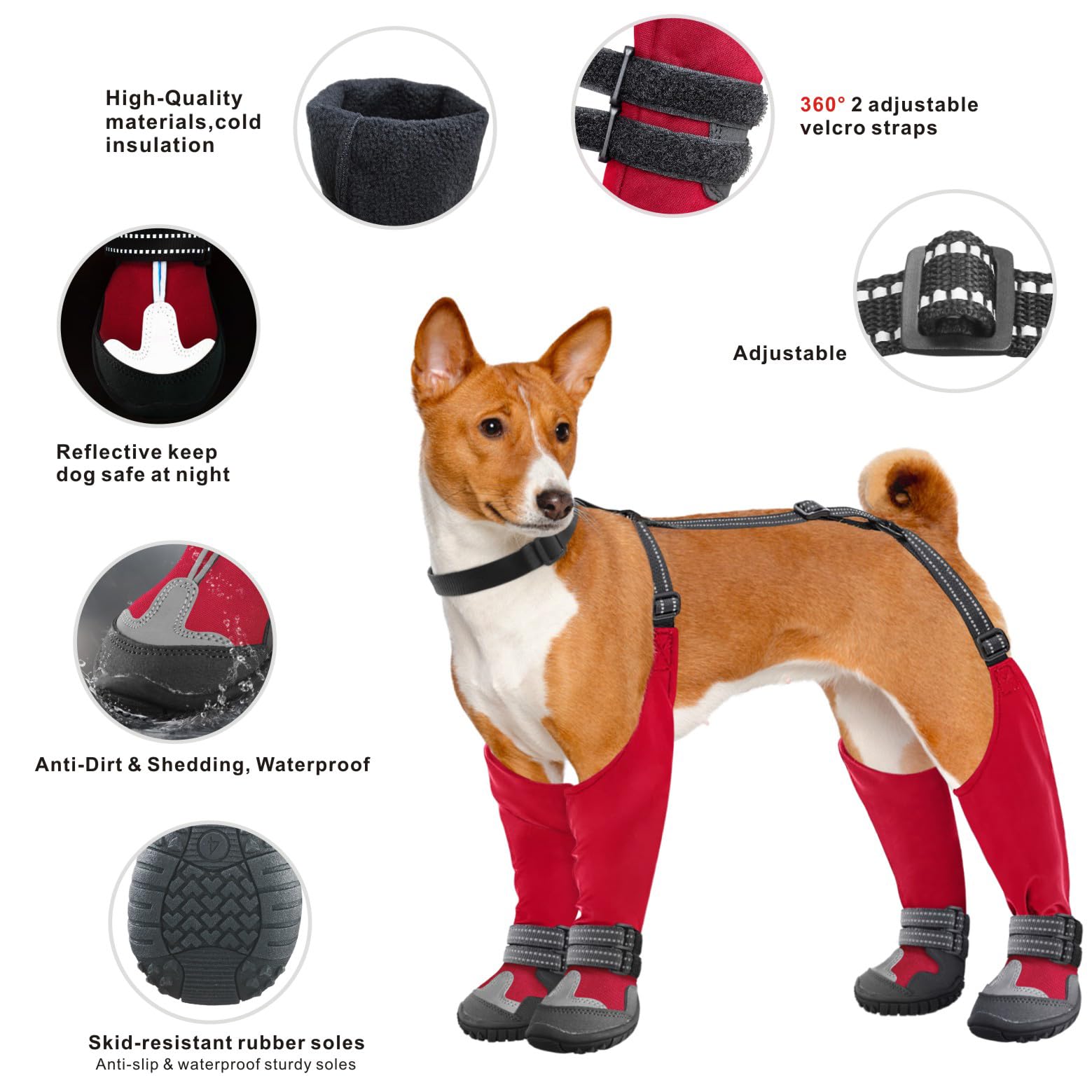 Idepet Dog Suspender Boots - Waterproof Anti-Slip Winter Dog Shoes with Adjustable Straps for Snow, Rain & Hiking - Paws Protection for Small Medium Large Dogs (Red, Size 5) | Perfect for Outdoor Adventures, Winter Walks & Rough Terrain Protection
