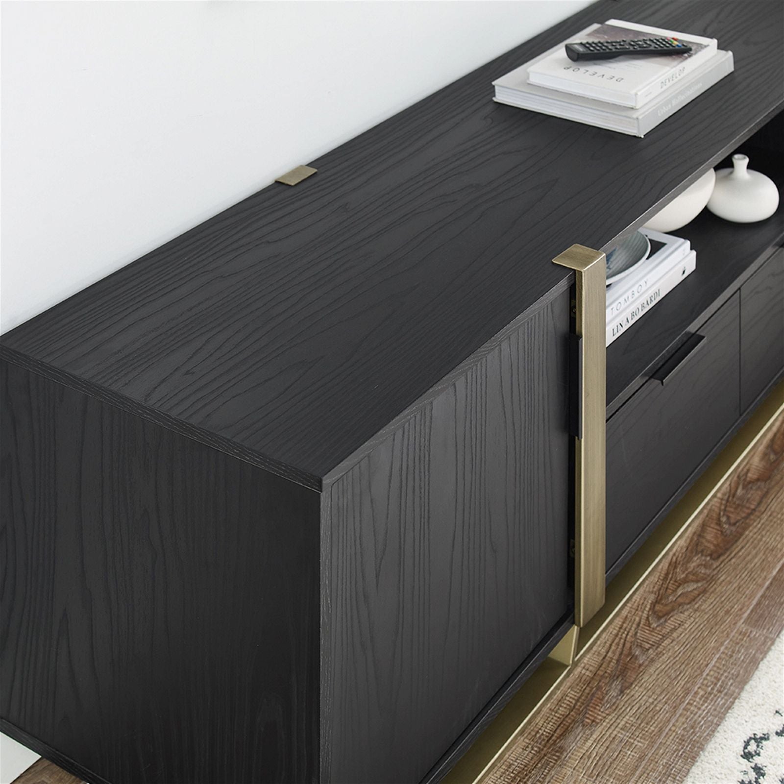 Modern CAPRI Entertainment TV Stand Cabinet - Black Oak with Gold Accents for Living Room, Bedroom & Home Theater Setup