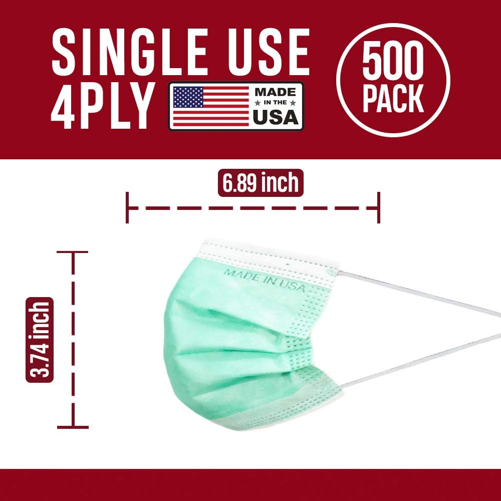 4-Ply Breathable Disposable Face Masks - Made in USA - Comfortable Elastic Ear Loops - Multiple Colors (500 Pack, Mint Green) - Perfect for Daily Use, Travel, Work & Public Safety