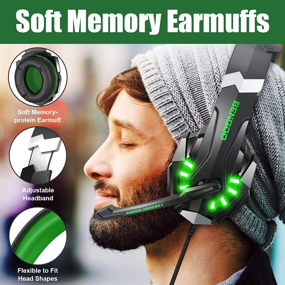 BENGOO G9000 Stereo Gaming Headset with Noise Cancelling Mic - Compatible with PS4, PS5, Xbox One, PC, Laptop & Mac | Over-Ear Headphones with LED Lights, Bass Surround & Soft Memory Earmuffs (Green) - Perfect for Gaming, Streaming & Online Meetings