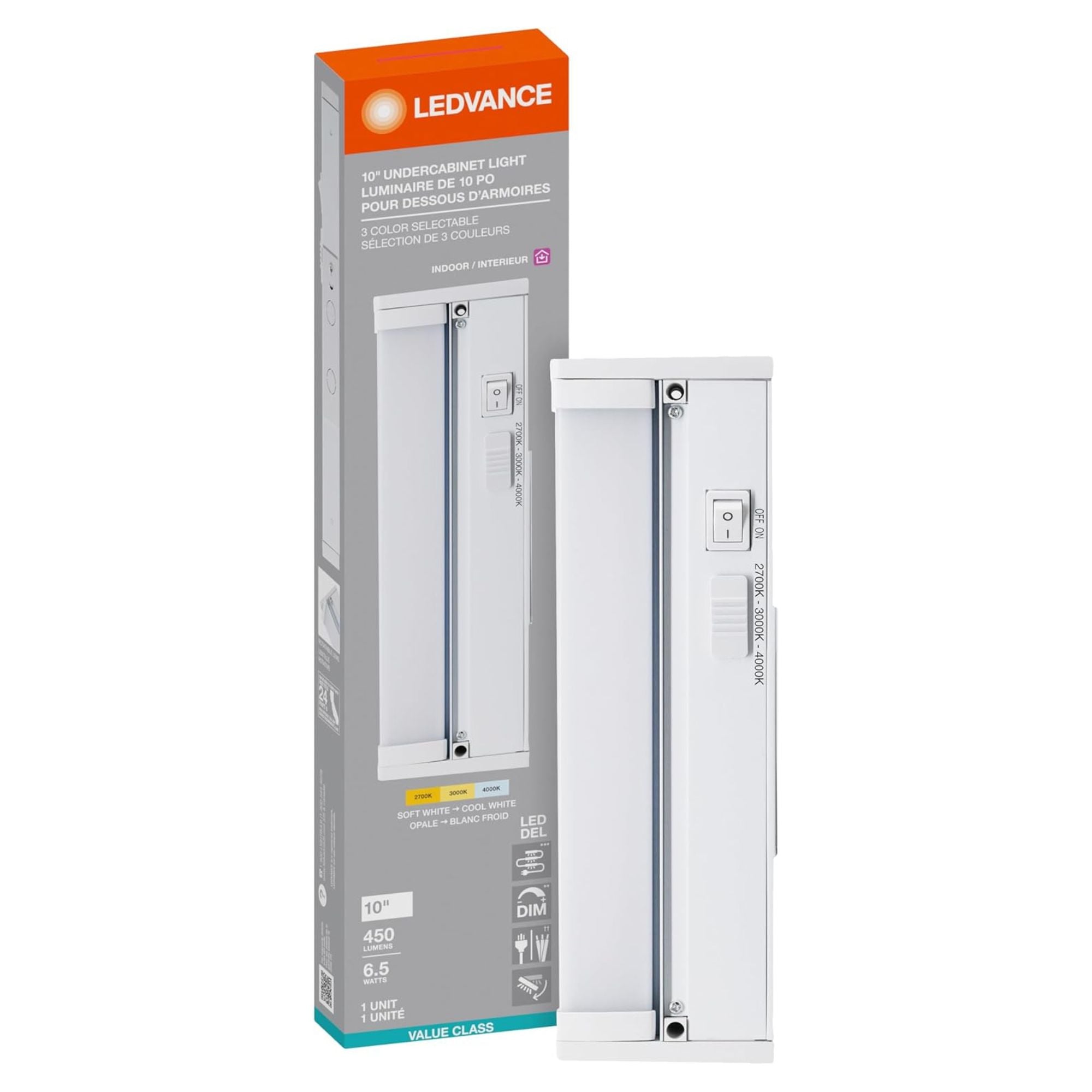 10 Inch Under Cabinet LED Light with Tilting Lens - 450 Lumens, Selectable CCT (3000K-5000K), 120V - Perfect for Kitchen Countertops, Pantry Shelves & Workspaces
