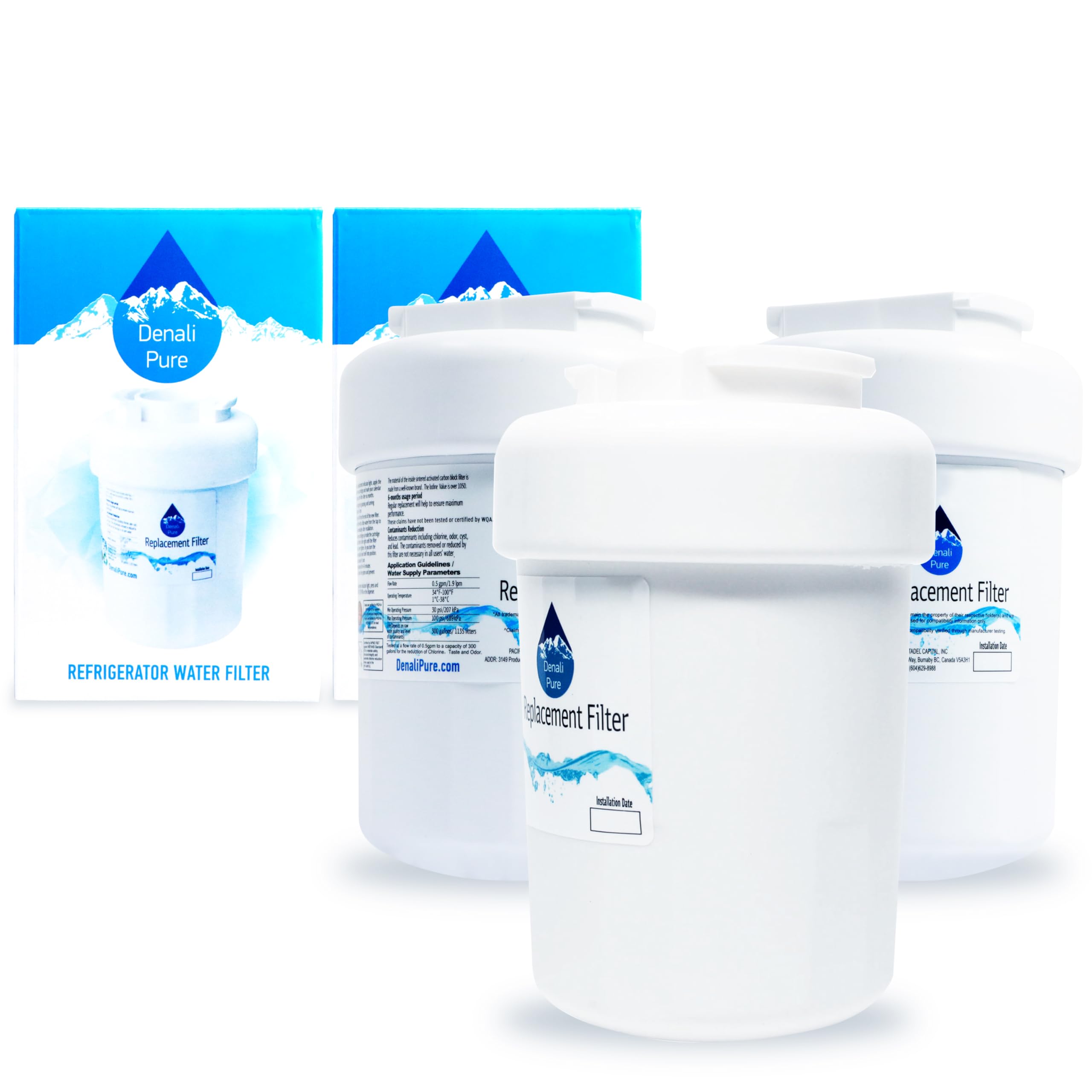 Denali Pure 3-Pack GE Refrigerator Water Filter Replacement - Compatible with GE MWF & MWFP Fridge Filters | NSF Certified for Clean Drinking Water | Perfect for Home, Office & RV Use