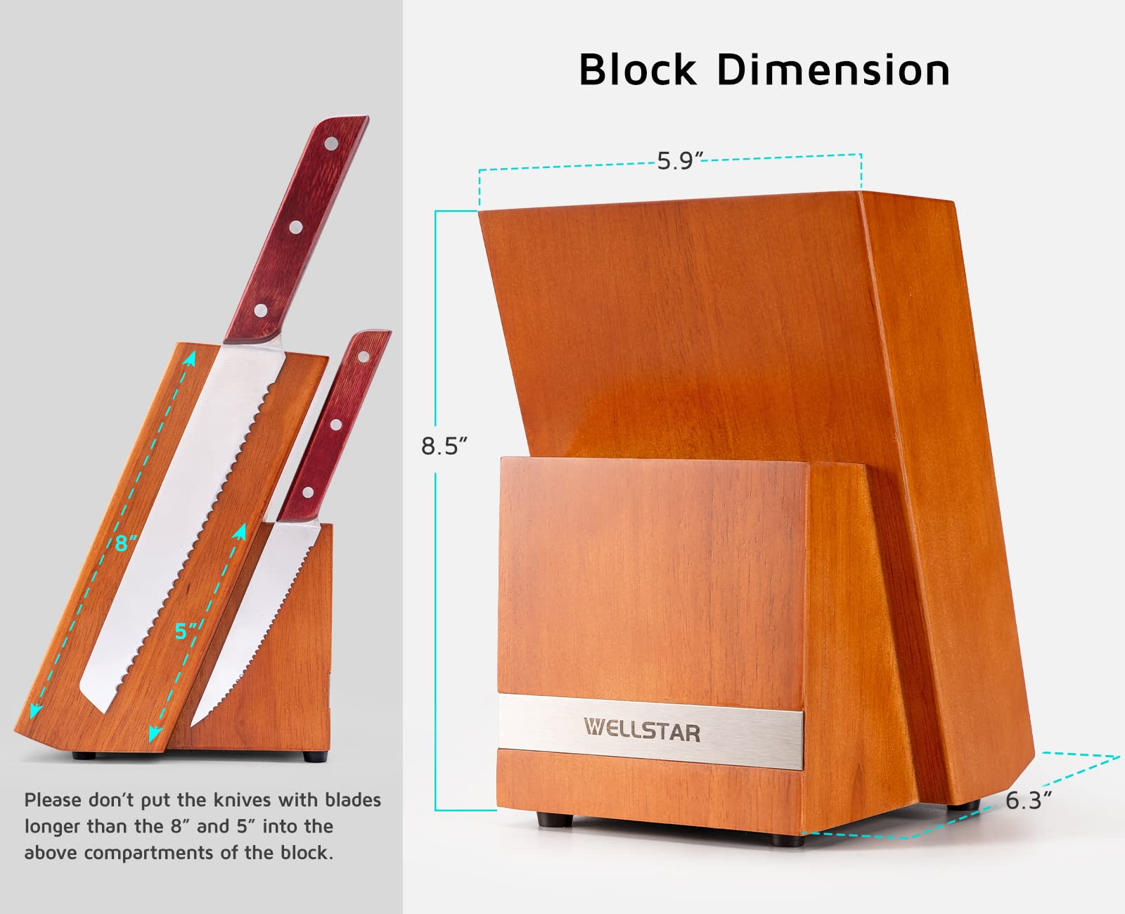 WELLSTAR 14-Slot Natural Wood Knife Block Holder - Hardwood Countertop Knife Storage Organizer (Brown) - Perfect for Kitchen Countertops, Chef's Knives & Cutlery Organization