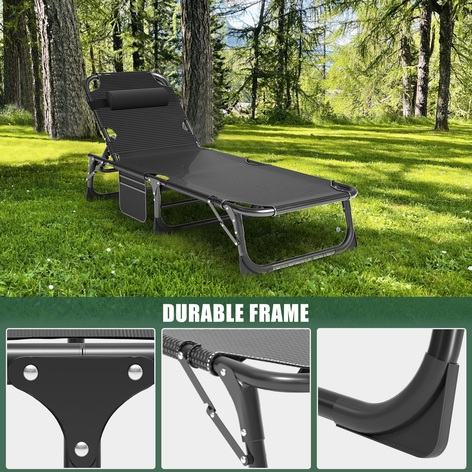 LILYPELLE 5-Position Adjustable Folding Outdoor Chaise Lounge Chair with Mattress - Patio Reclining Sun Lounger for Sunbathing, Camping, Poolside & Beach Relaxation - Perfect for Backyard, Deck and Outdoor Leisure