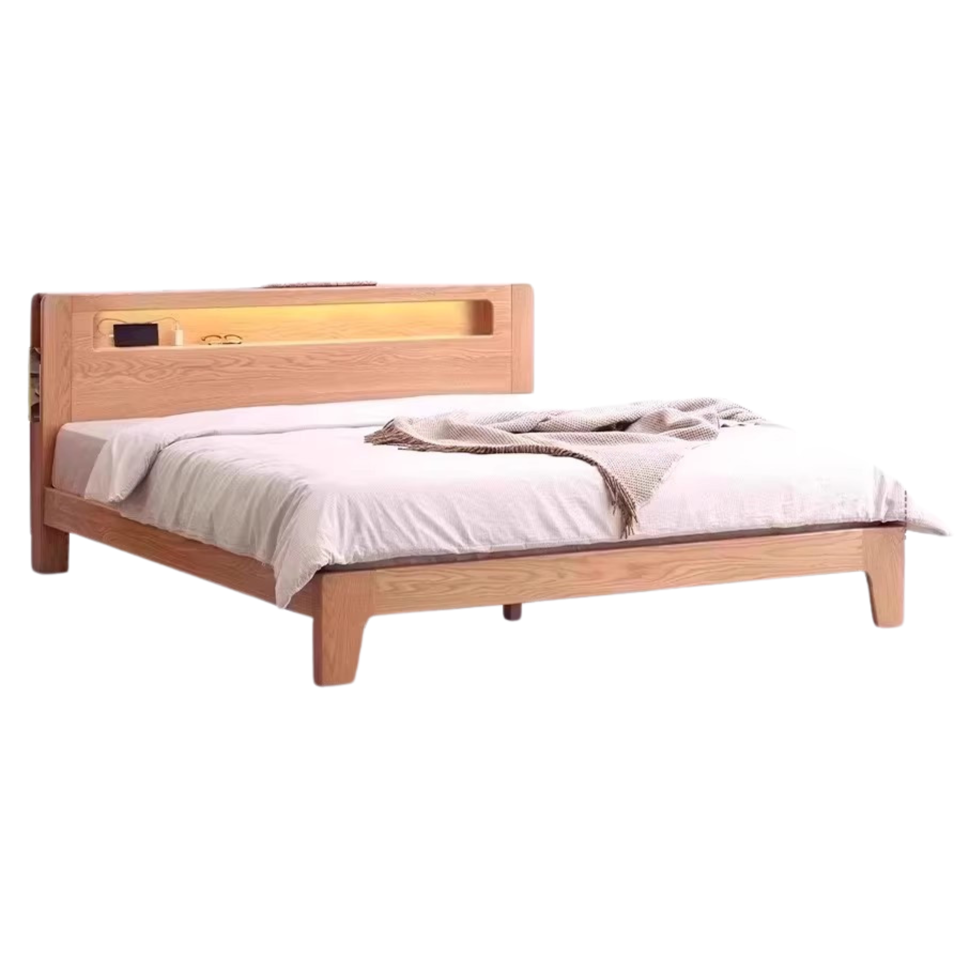 Solid Oak and Beech Wood Bed with Built-in LED Lights and Bookshelf - Modern Bedroom Furniture for Small Spaces, Lofts, and Studio Apartments