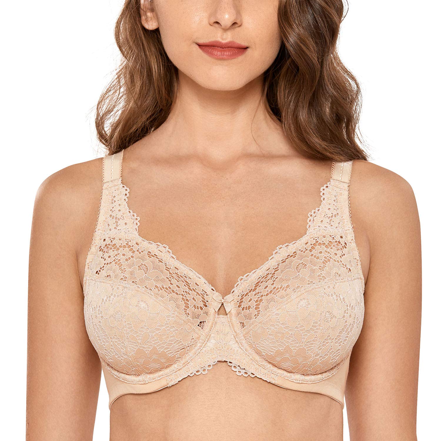 DELIMIRA Women's Plus Size Lace Bra with Underwire - Full Coverage Unlined Cotton Bra for Comfort & Support - Perfect for Everyday Wear, Work, and Special Occasions