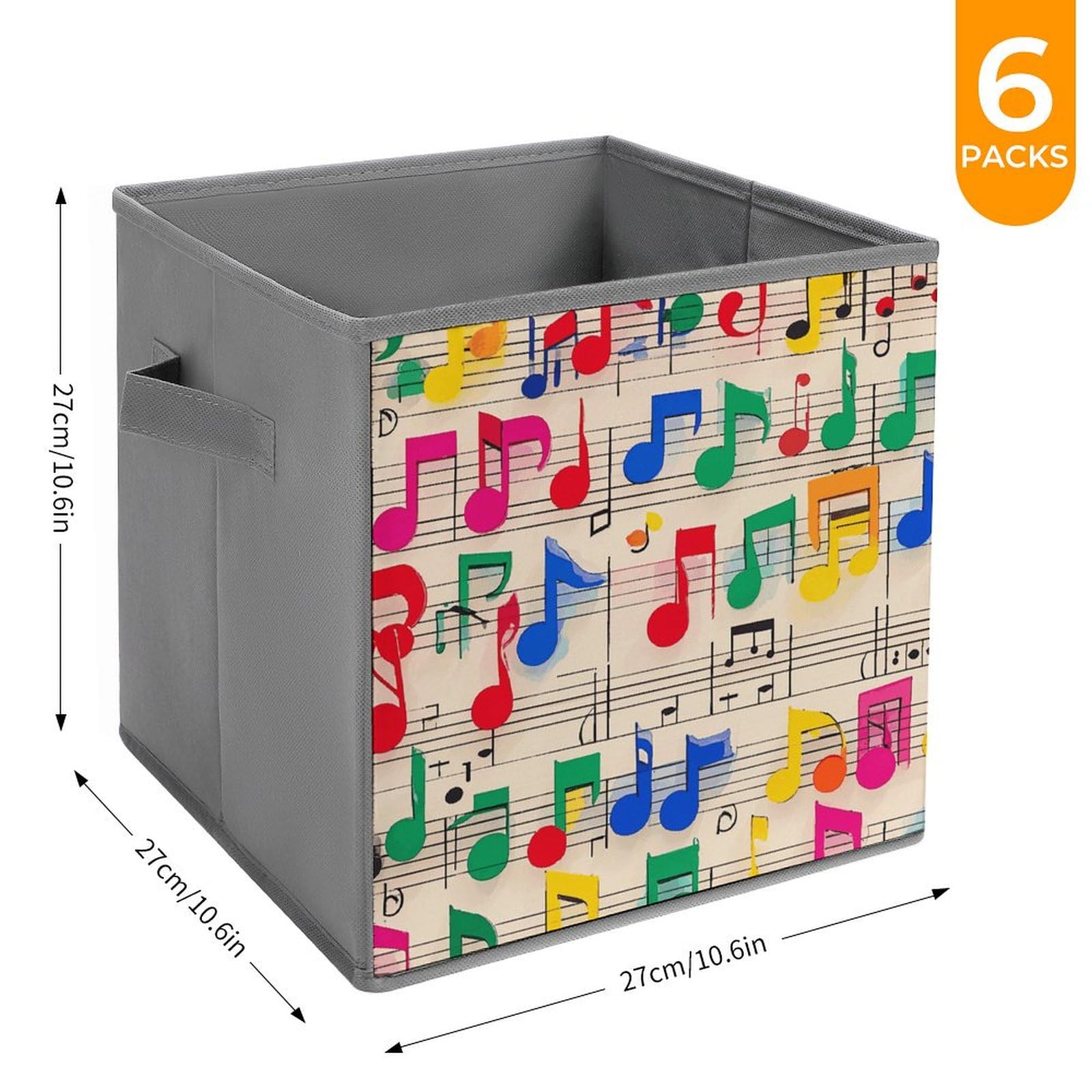 6-Piece Collapsible Storage Bins with Handles - Colorful Musical Notes Design, Foldable Organizing Baskets for Shelves, Closet, Kitchen & Bathroom - Space Saving Home Organization Solution for Toys, Books & Household Items