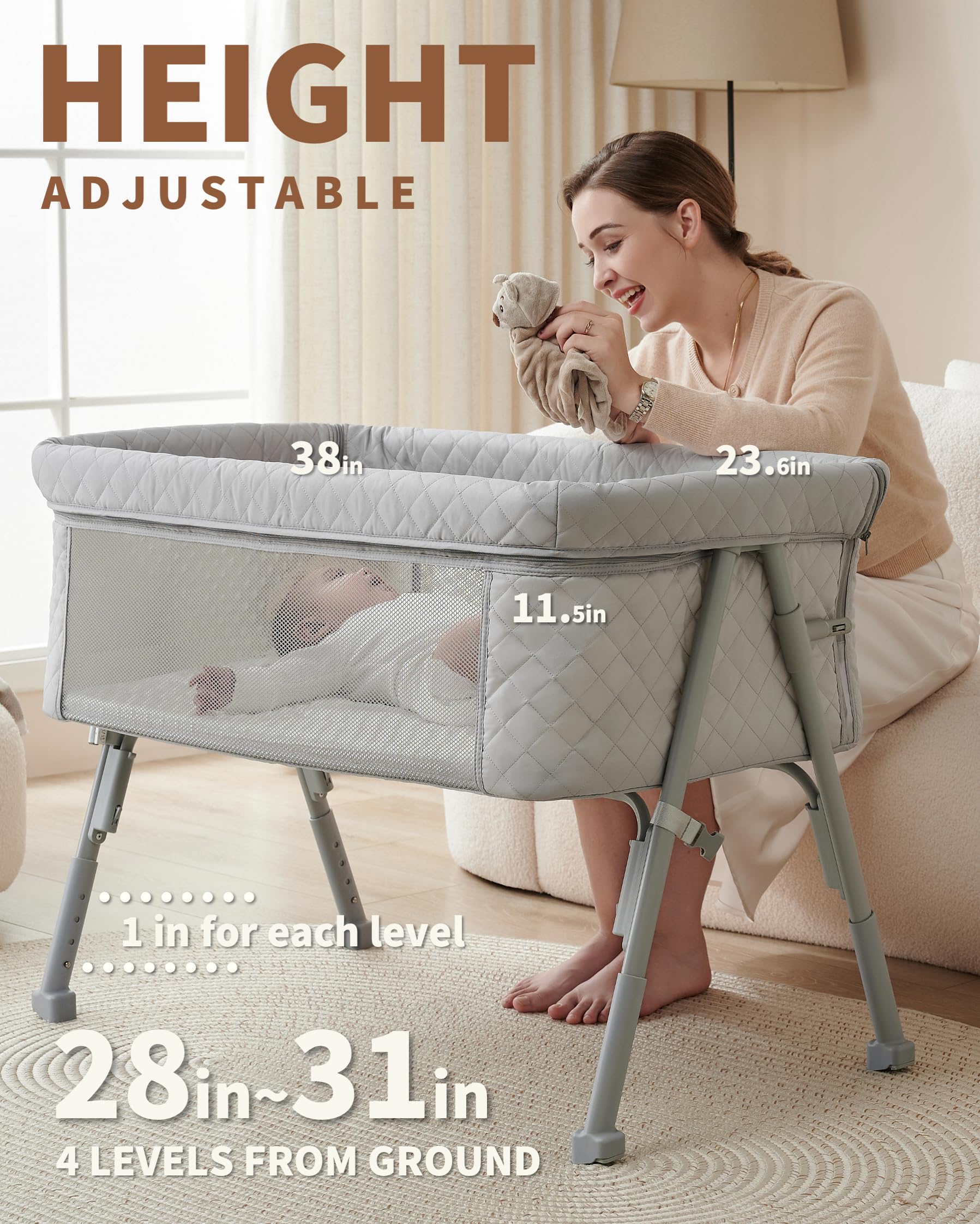 Portable Baby Bassinet Bedside Sleeper - Adjustable Height Crib for Newborns with Breathable Mesh & Mattress, 4 Auto-Lock Wheels - Perfect for Nursery, Bedroom & Travel Use