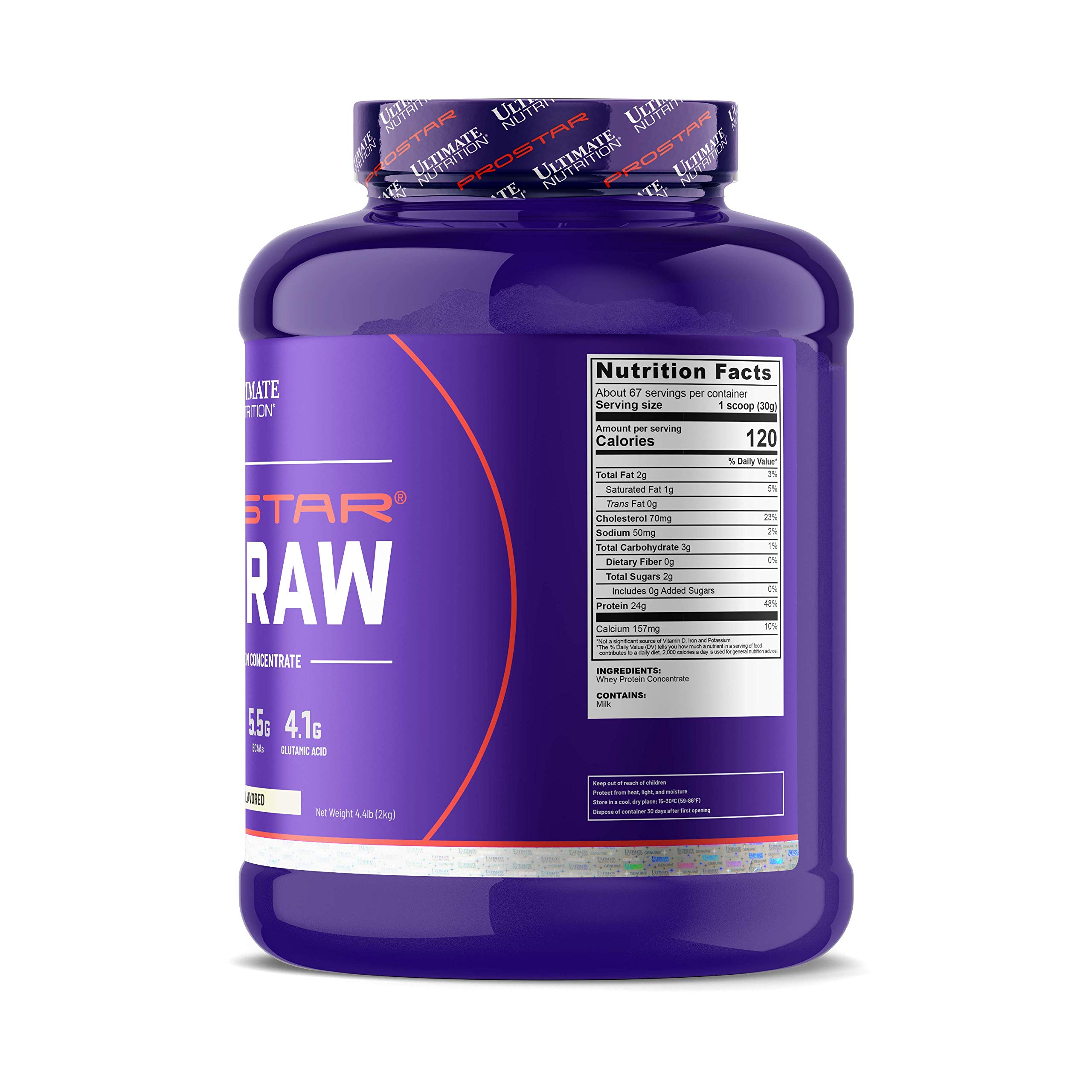 Ultimate Nutrition Prostar Raw Whey Protein Concentrate Powder - Low Carb, Low Fat, Keto Friendly, 24g Protein & 5.5g BCAAs Per Serving, Unflavored, 4.4lbs (67 Servings) - Ideal for Post-Workout Recovery, Muscle Building & Weight Management