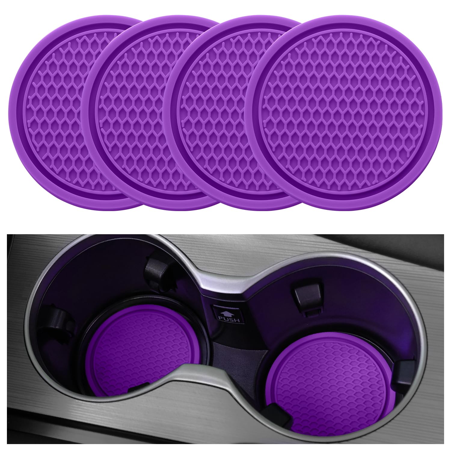 SINGARO 4PCS Non-Slip Car Cup Coasters - Universal Cup Holders with Embedded Ornaments, Purple Car Interior Accessories for Coffee, Soda & Water Bottles - Perfect for Road Trips, Commuting & Daily Driving