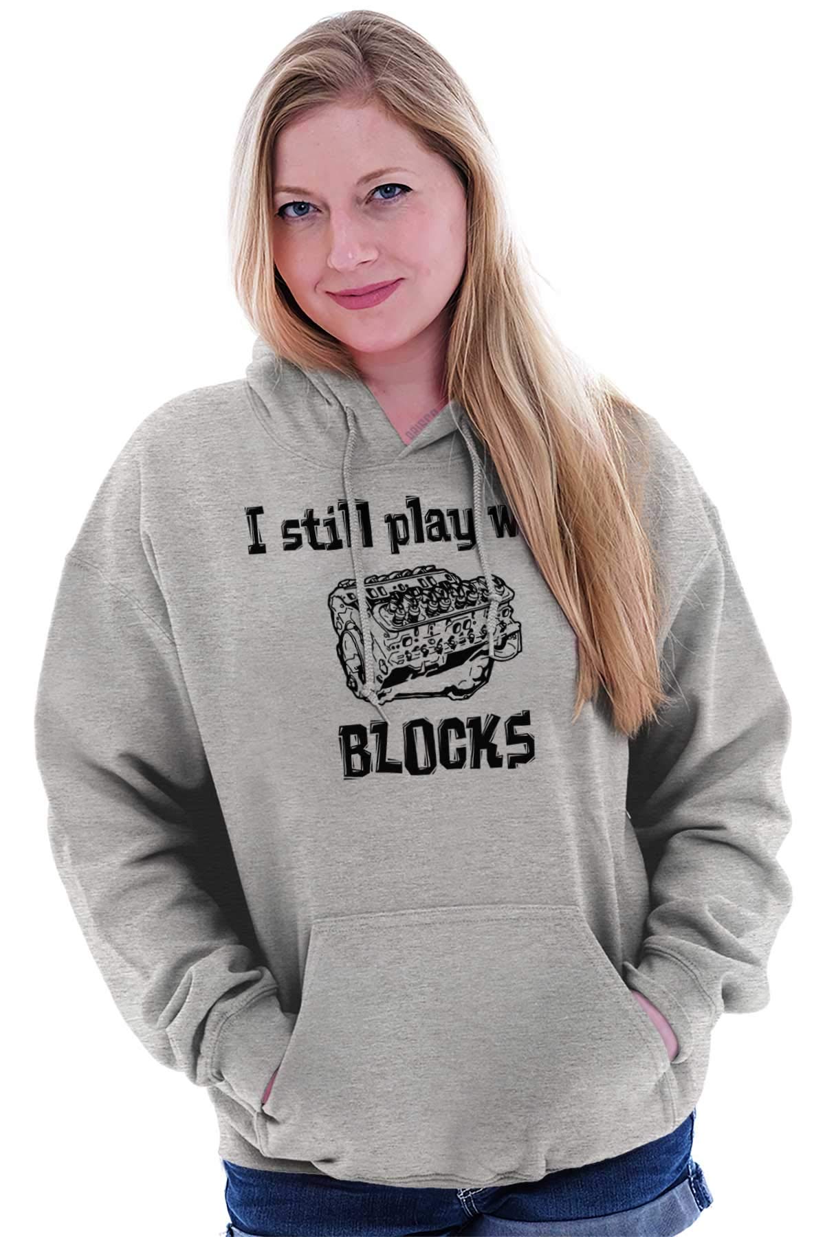 Brisco Brands Play With Blocks Car Engine Mechanic Hoodie Sweatshirt for Men & Women - Perfect for Auto Enthusiasts, Mechanics, and Casual Wear