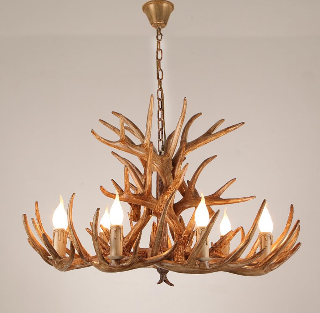 Farmhouse Antler Chandelier 9-Light Rustic Deer Antler Ceiling Pendant - Resin Antler Light Fixture for Living Room, Dining Room, Bedroom (9+6 Lamp Holder Arms) - Perfect for Cabin, Lodge & Western Home Decor
