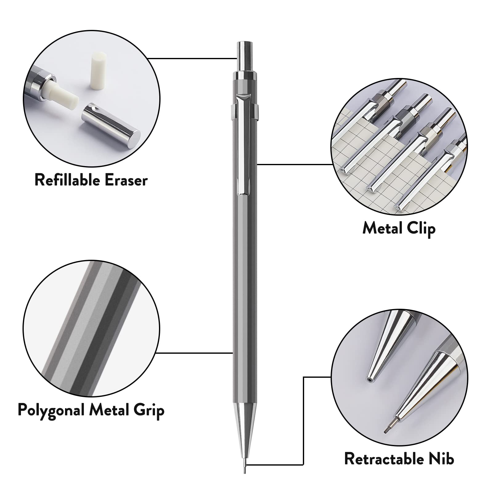 0.5mm Mechanical Pencil Set with Case - 4 Metal Pencils, 8 HB #2 Lead Refills, 3 Erasers & 9 Refills for Writing, Drawing & Sketching | School, Office & Art Supplies | Perfect for Students, Artists & Professionals