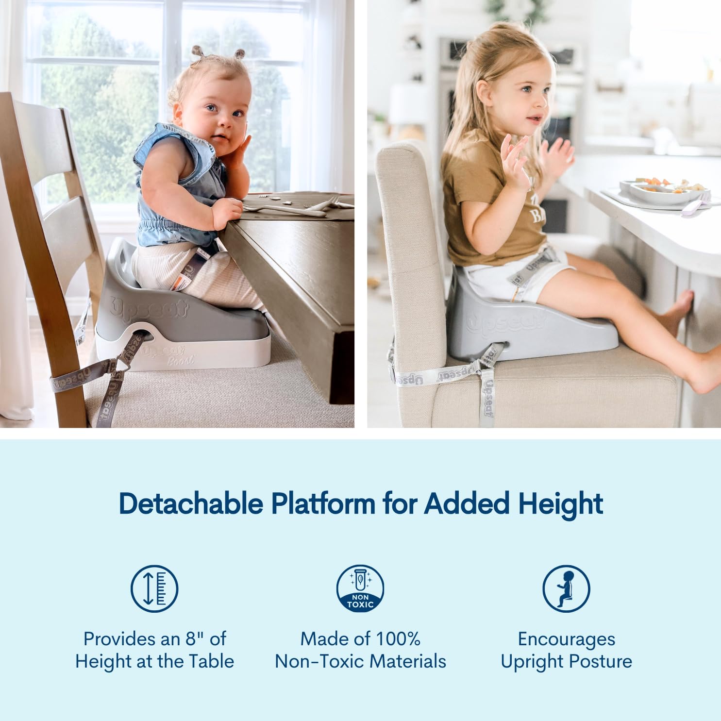 Upseat Boost Ergonomic Toddler Booster Seat - Pediatric Therapist Approved for Proper Posture | 3-Point Safety Harness | Easy-Clean & Lightweight Gray | Perfect for Dining Tables, Restaurants & Family Meals