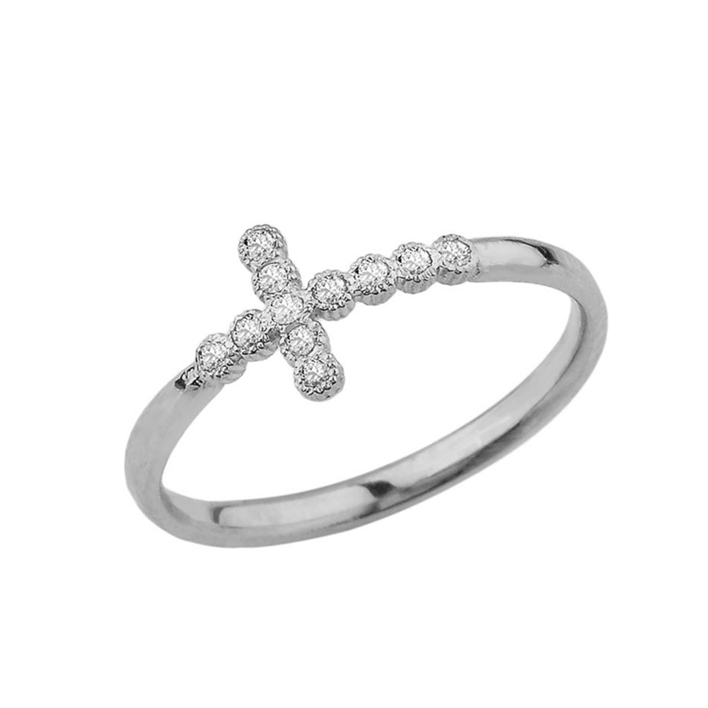 14K White Gold CZ Sideways Cross Ring for Women - Elegant Modern Jewelry Gift for Christmas, Birthday, Anniversary & Special Occasions