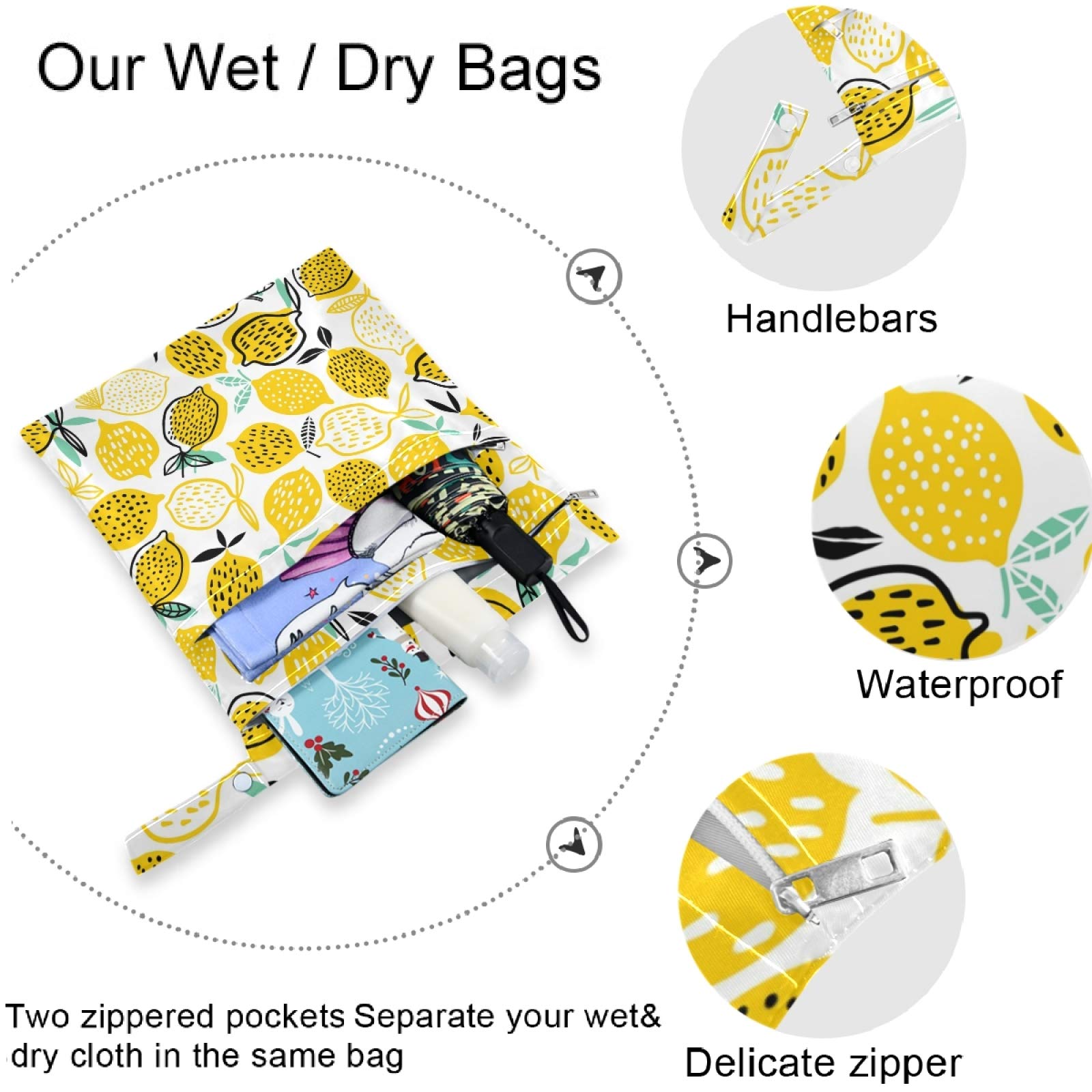 Visesunny Summer Lemon Print 2-Pack Wet Bags with Zippered Pockets - Reusable Washable Waterproof Storage for Travel, Beach, Pool, Daycare | Perfect for Swimsuits, Diapers, Gym Clothes & Toiletries Organization
