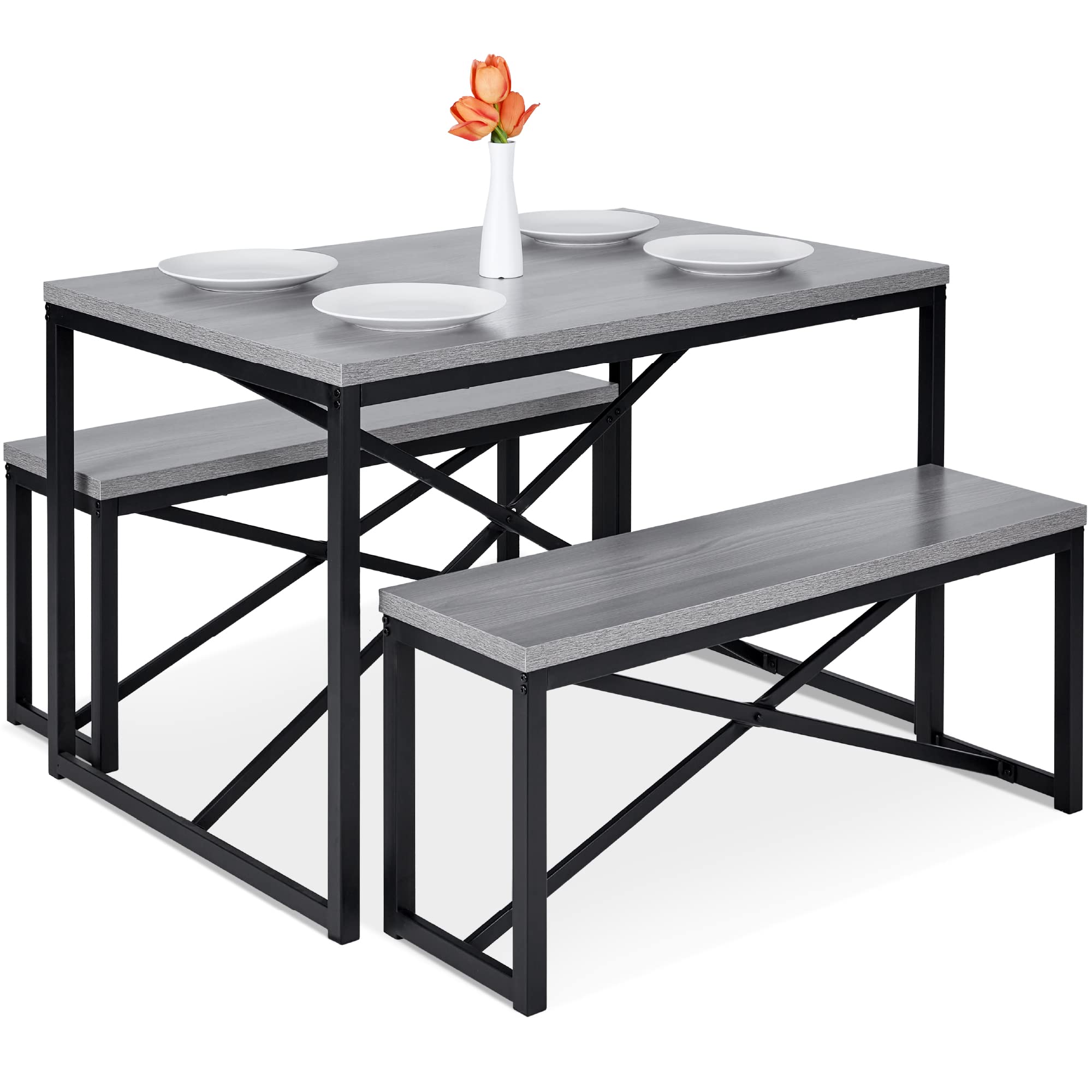 Best Choice Products 45.5in 3-Piece Space Saving Dining Set with Table & 2 Benches - Gray/Black for Kitchen, Small Apartment, Breakfast Nook | Compact 4-Person Dinette Furniture for Dining Room & Kitchenette