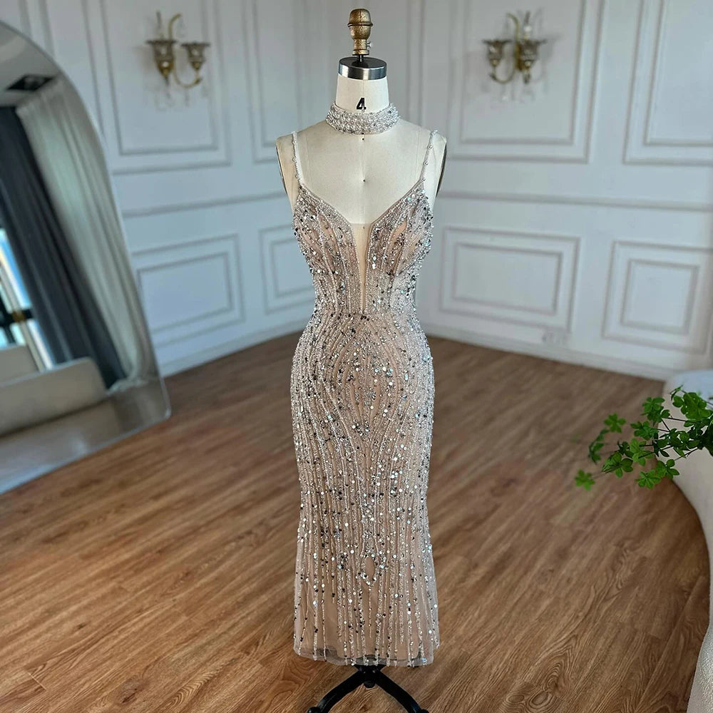 Elegant White Beaded Mermaid Evening Gown with Spaghetti Straps - LA72047D for Prom, Wedding, and Formal Events
