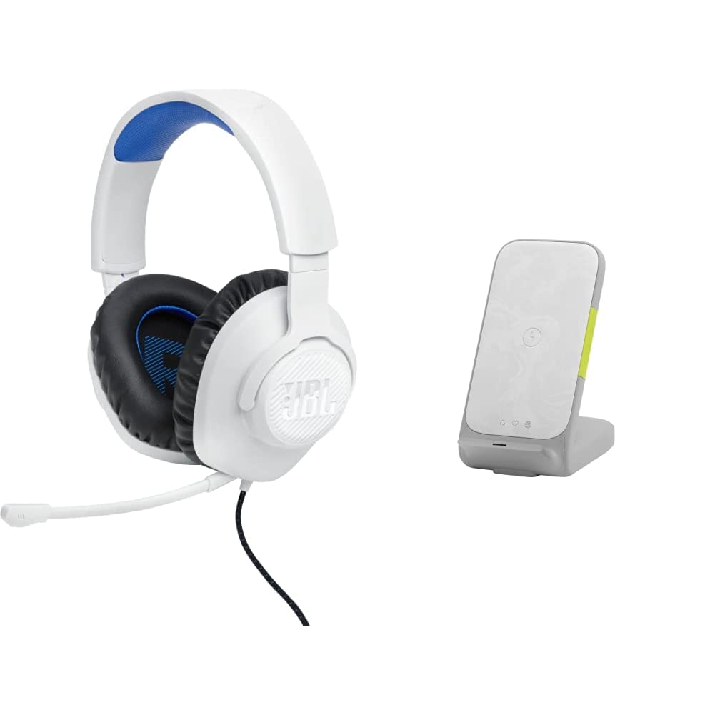 JBL Quantum 100P White Gaming Headset for Playstation 5 & InfinityLab 33W Fast Wireless Charging Station with PD USB-C/USB-A - Perfect for Gaming Setup & Multi-Device Charging at Home/Office