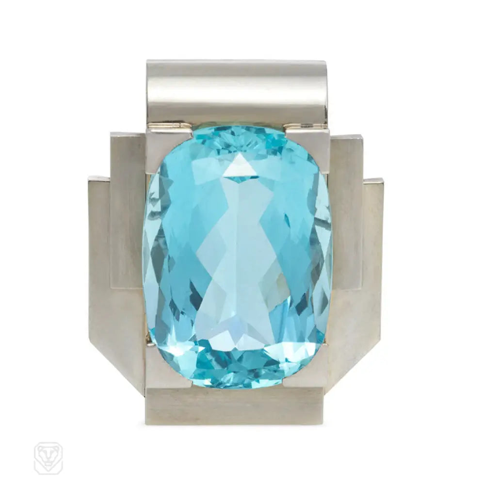 Vintage Art Deco Platinum & Aquamarine Brooch Clip - French Jewelry Antique for Weddings, Parties & Special Occasions