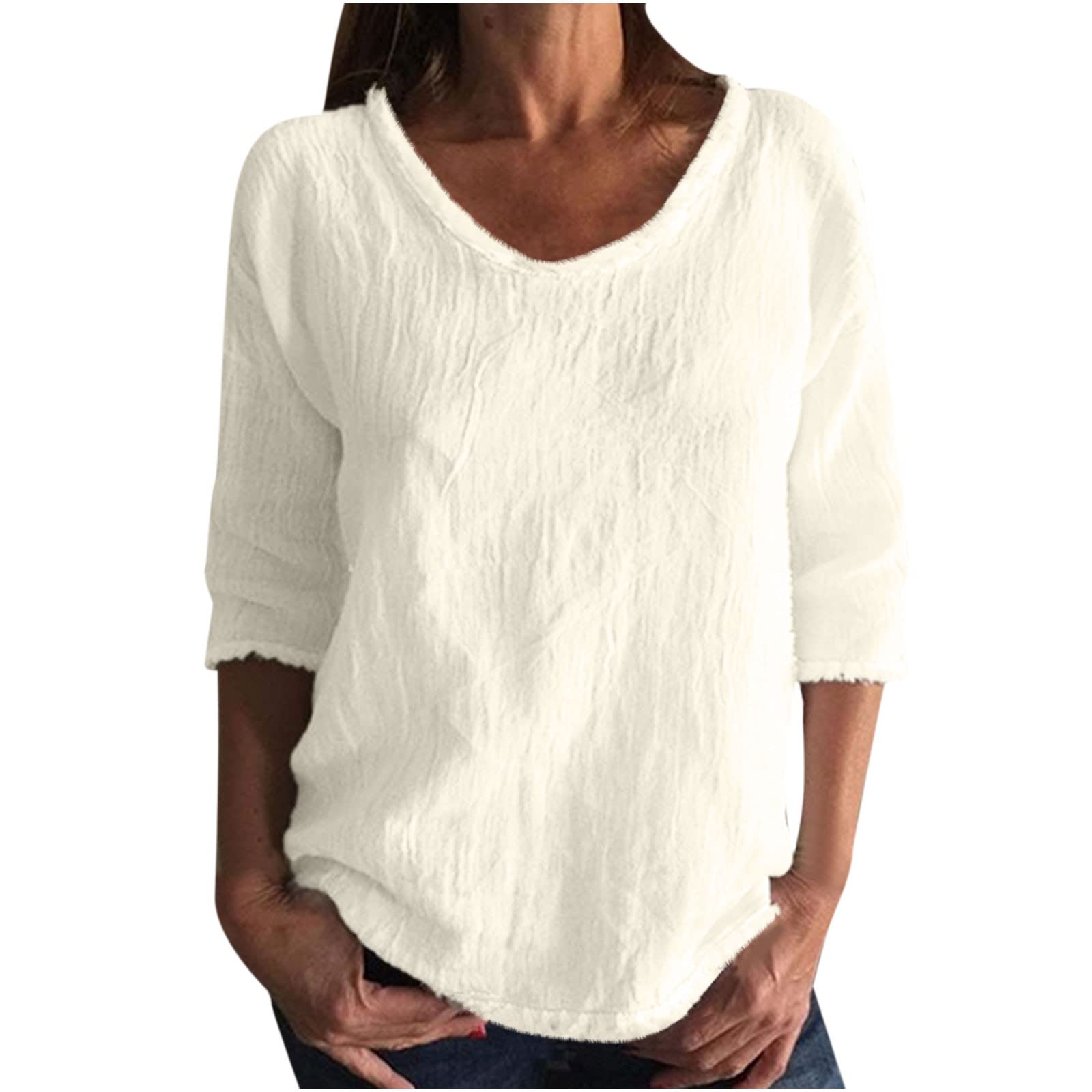 Women's Summer Cotton Linen T-Shirt - Half Sleeve Ruched Jacquard Blouse, Casual Loose Fit, Breathable & Comfortable Solid Color Top for Beach, Travel & Everyday Wear