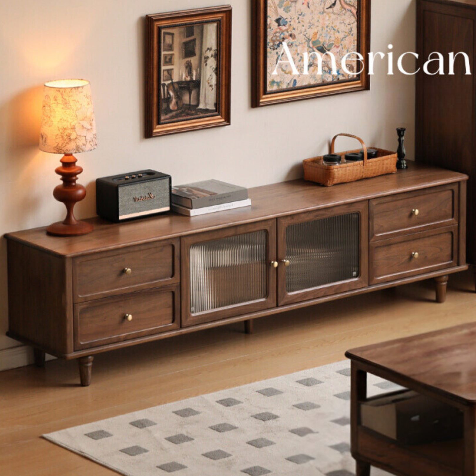 Solid Black Walnut Wood TV Stand - American Retro Style Locker Cabinet for Living Room & Home Theater Storage