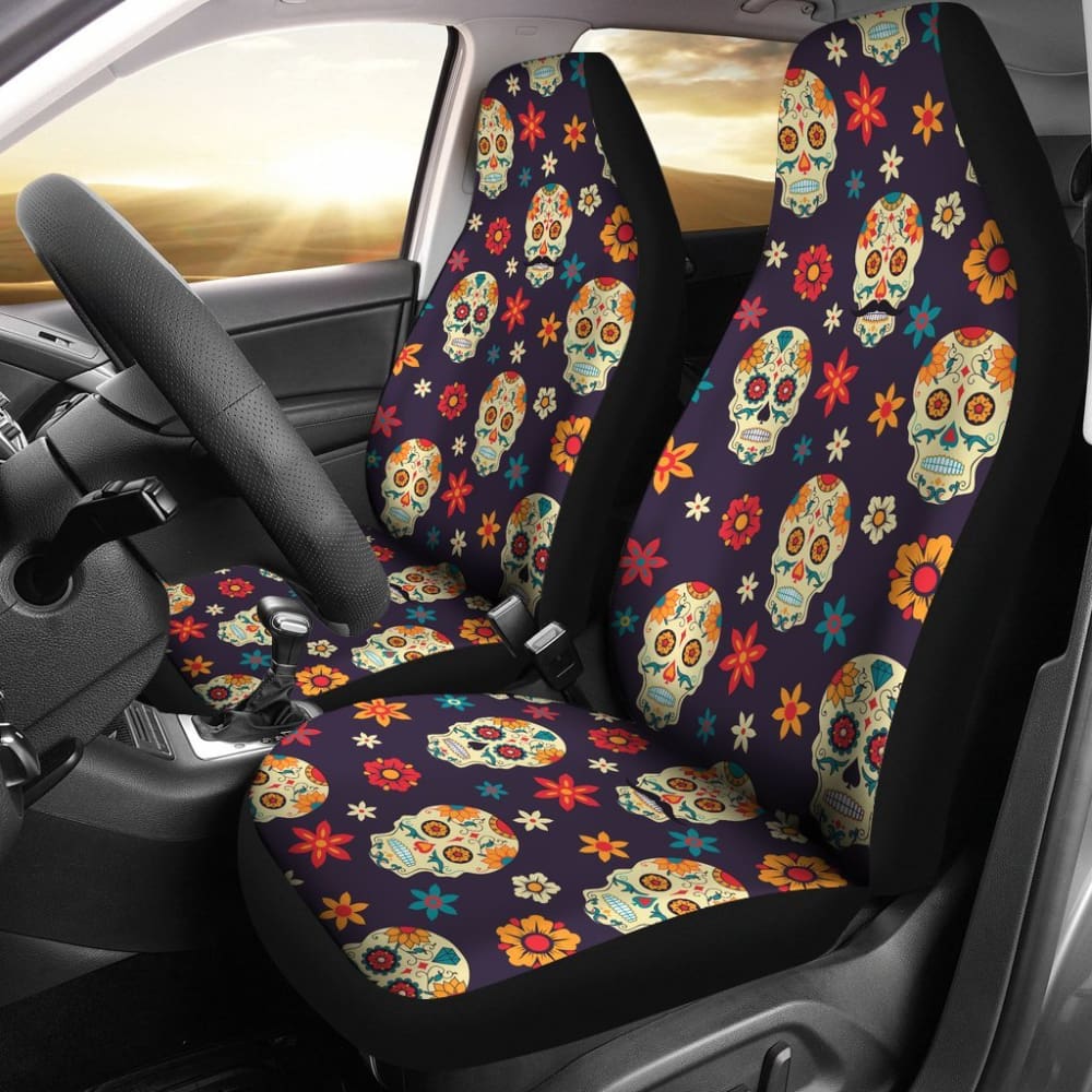 2 Pcs Day of The Dead Sugar Skull Car Seat Covers - Mexican Dia de Los Muertos Decor for Halloween, Party, Festival & Car Accessories - Fits Most Vehicles