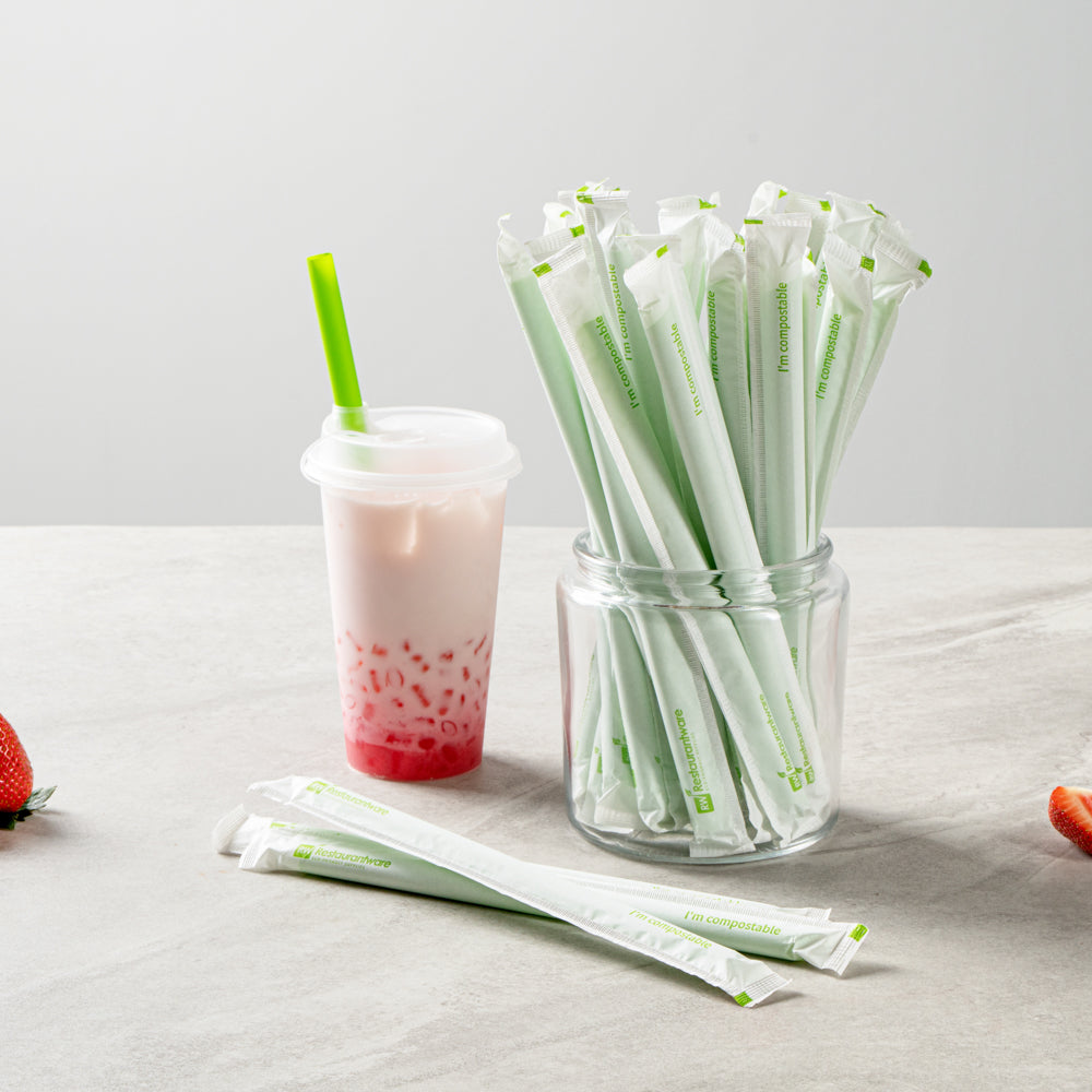 Eco-Friendly Compostable PLA/PBAT Boba Straws - 100 Count Green Biodegradable Drinking Straws for Bubble Tea, Smoothies & Cold Beverages