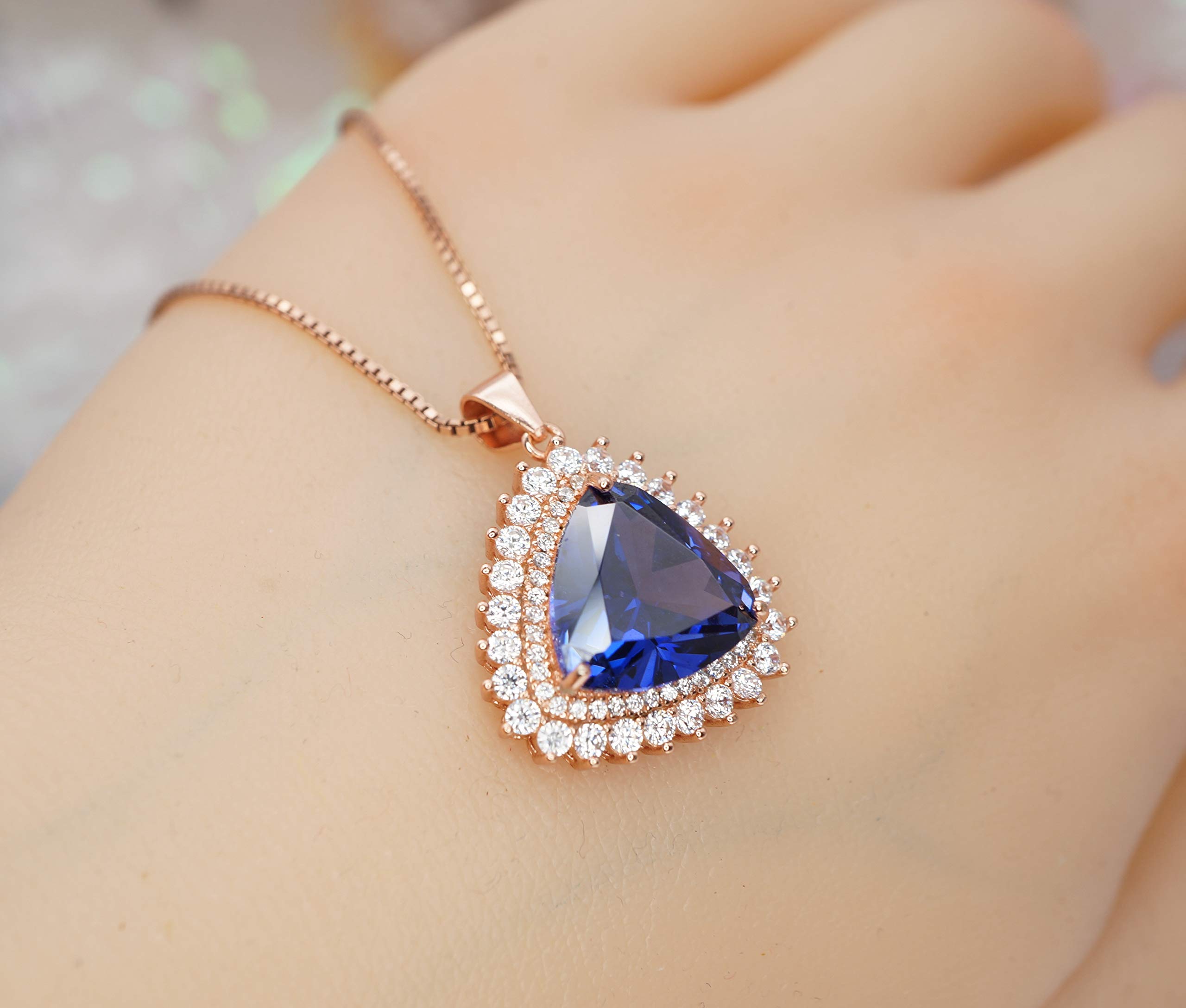 Trillion Tanzanite Necklace - Rose Gold Plated Sterling Silver, December Birthstone, Lab-Created Deep Blue Sea Pendant with Adjustable Chain | Elegant Gift for Women, Anniversary, Birthday, Christmas