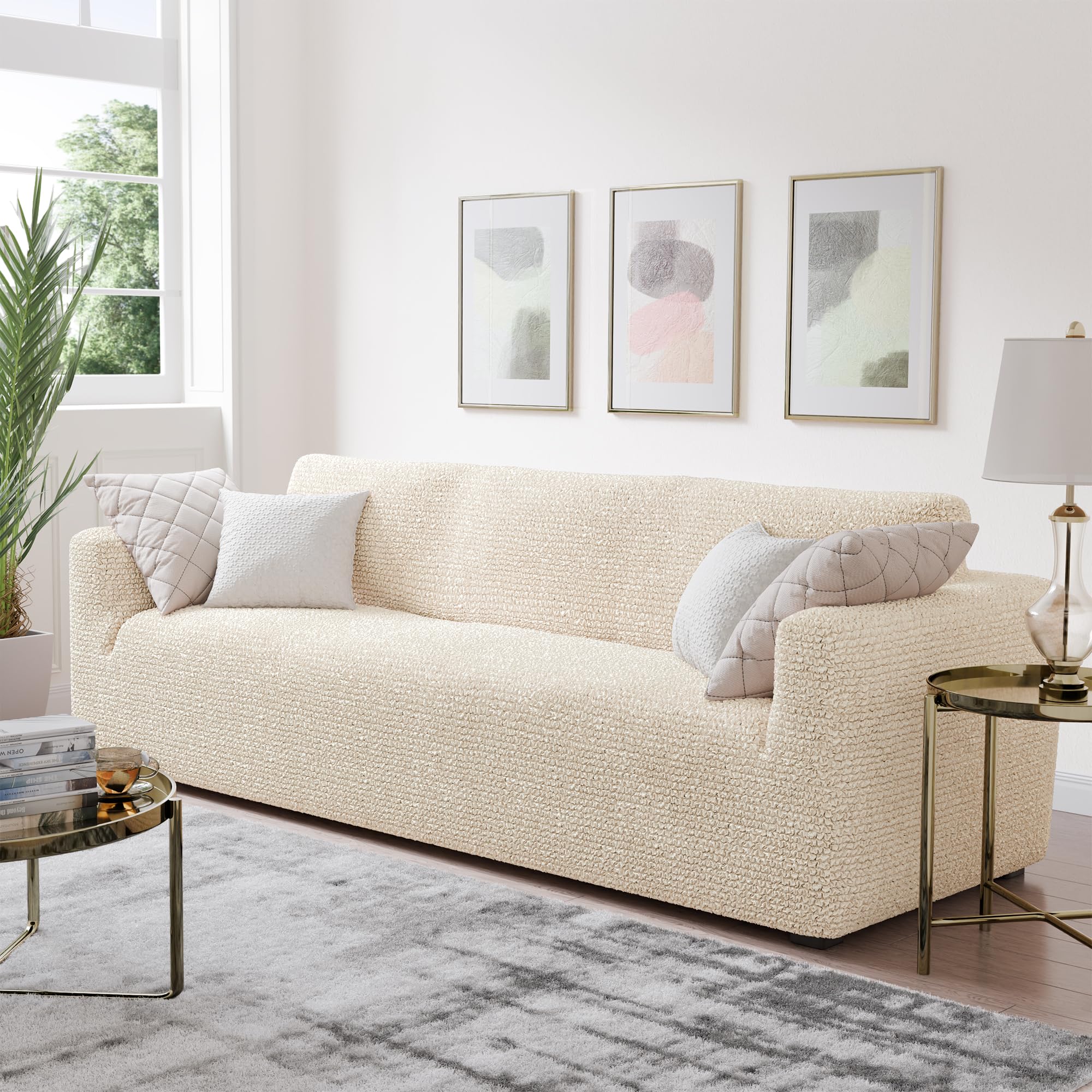PAULATO BY GA.I.CO. Stretch Sofa Slipcover - 1-Piece Washable Couch Cover - Soft Polyester Fabric Protector for Pets - Microfiber Collection in Cream | Perfect for Living Room, Family Room & Pet-Friendly Homes