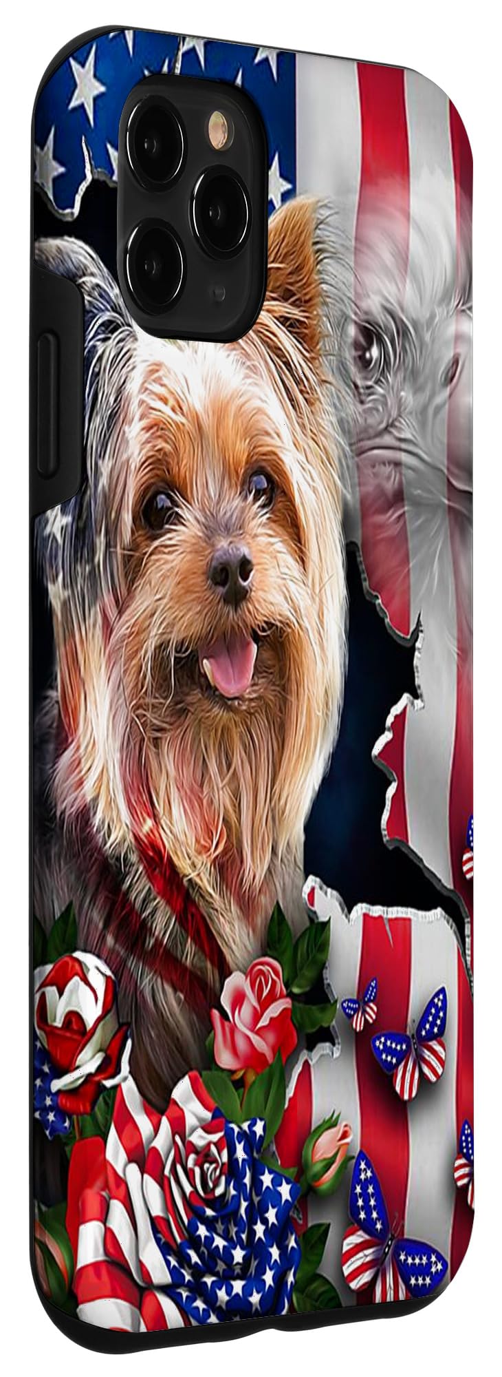 iPhone 11 Pro Max Case - Yorkie Eagle American Flag Design with Rose Flower & Butterfly - Durable PC Protective Cover for Daily Use, Travel & Outdoor Activities