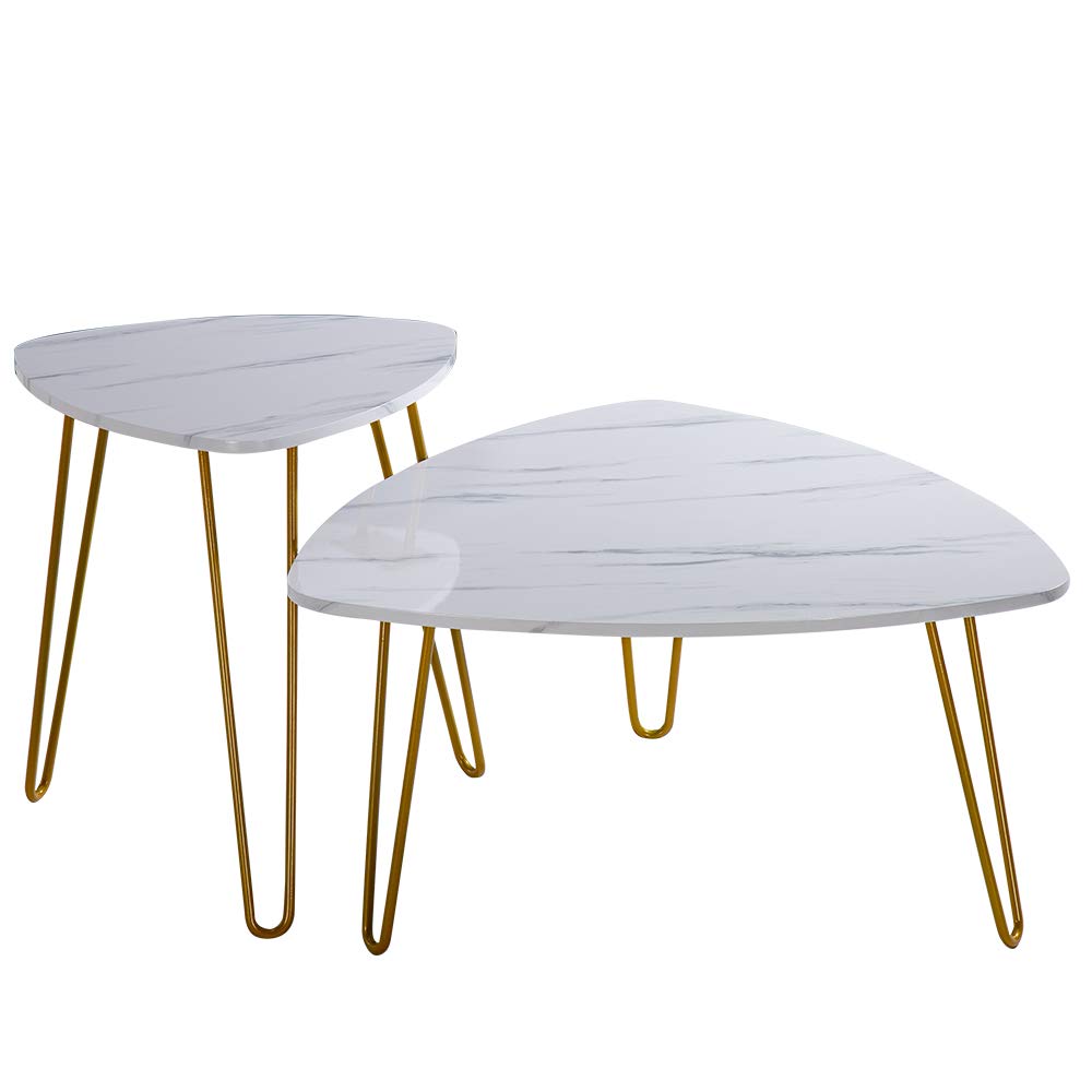 Modern White Marble Coffee Table with Gold Metal Legs - 2-Tier Rectangular Faux Marble Cocktail Table for Living Room, Home Office & Lounge - Stylish Accent Furniture with Metal Frame - Perfect for Entertaining, Relaxing & Decorating