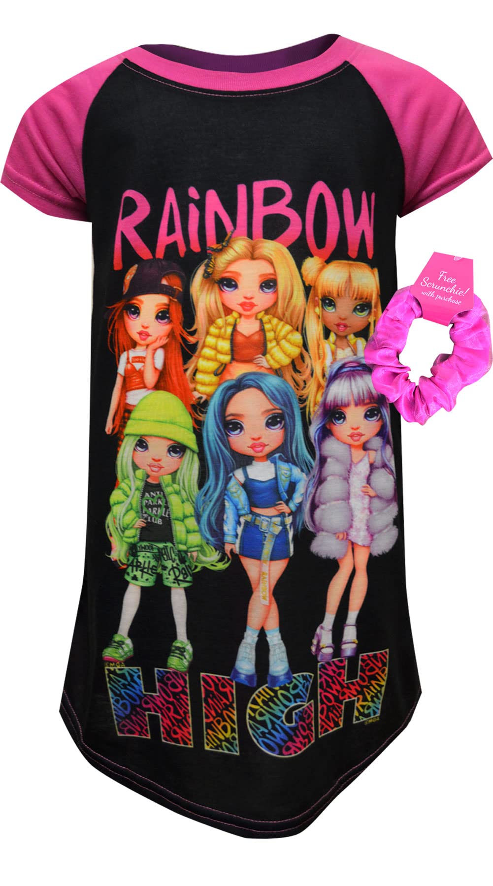 AME Sleepwear Girls' Rainbow High Dolls Nightgown with Scrunchie - Soft & Comfortable PJs for Kids, Perfect for Sleepovers & Dress-Up Play