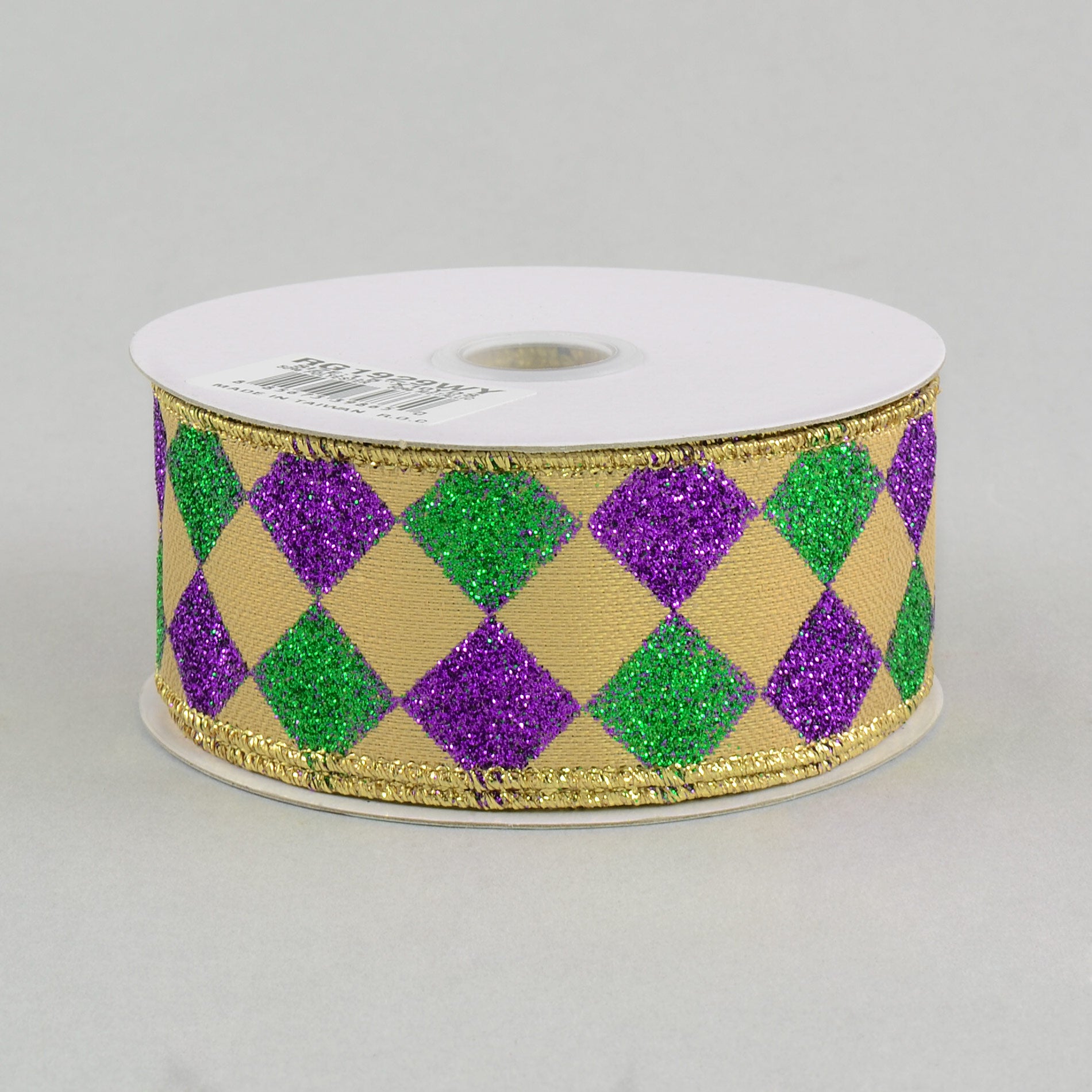 1.5 Inch Harlequin Glitter Diamond Ribbon - Purple, Green & Gold Sparkling Decorative Ribbon (10 Yards) for Gift Wrapping, Party Decorations & DIY Crafts