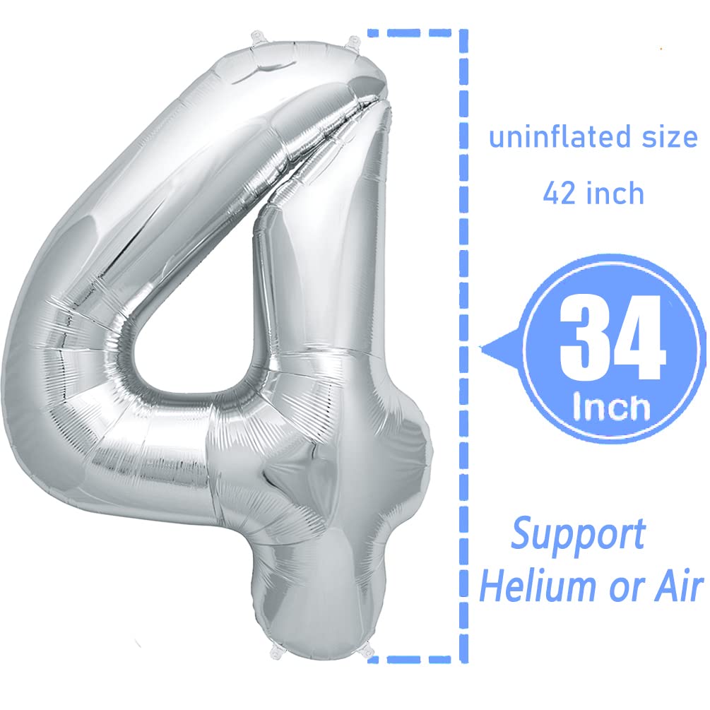 42 Inch Silver Foil Number 4 Balloon for Birthday Parties, Anniversaries & Special Celebrations - Large Metallic Helium Balloon Decorations