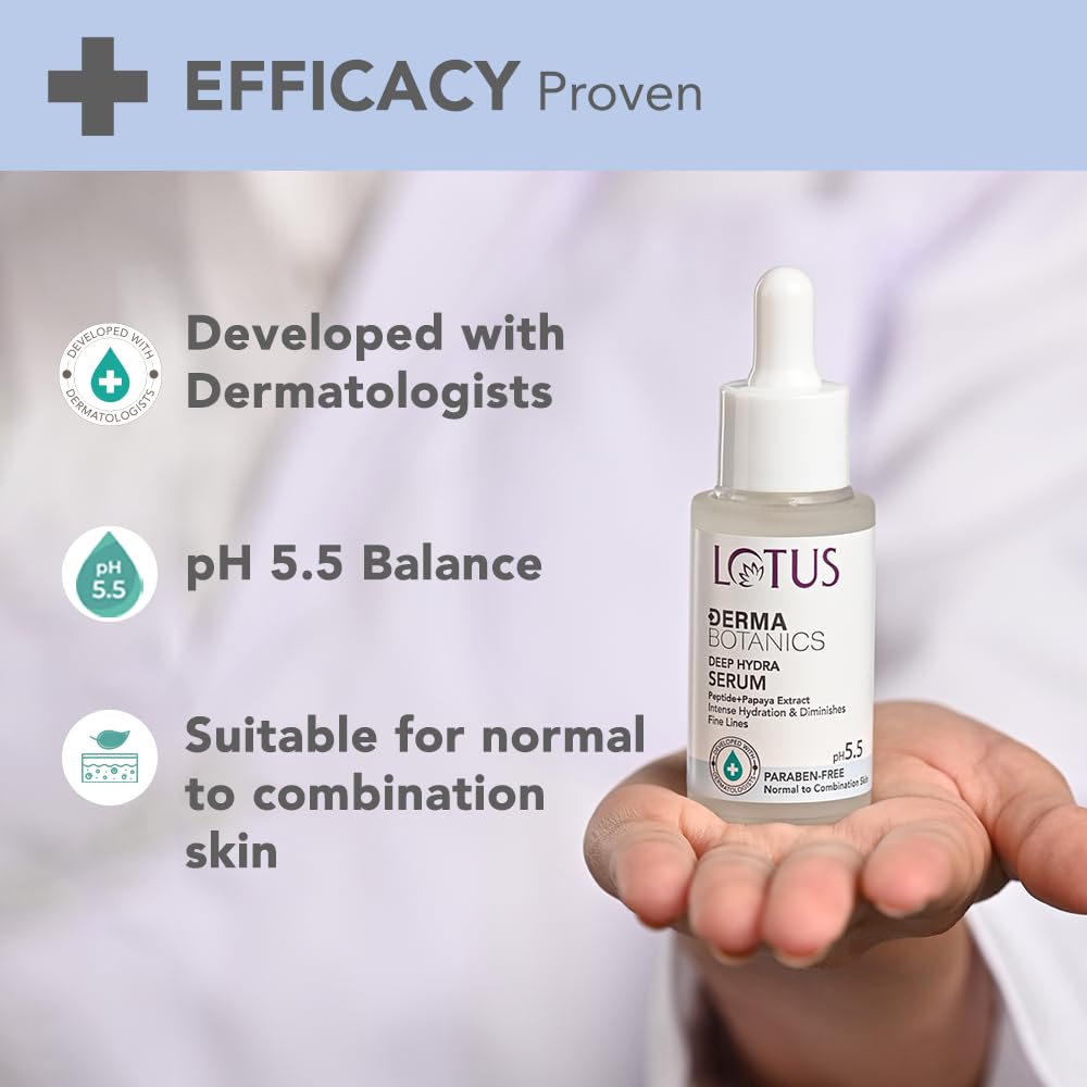 Lotus Herbals Dermabotanics Peptide & Papaya Extract Deep Hydra Serum - Anti-Aging Face Serum for Fine Lines & Collagen Boost | Dermatologist Recommended | pH 5.5 | Non-Irritating | 28ml for Normal to Combination Skin | Perfect for Daily Skincare Routine & Nighttime Hydration