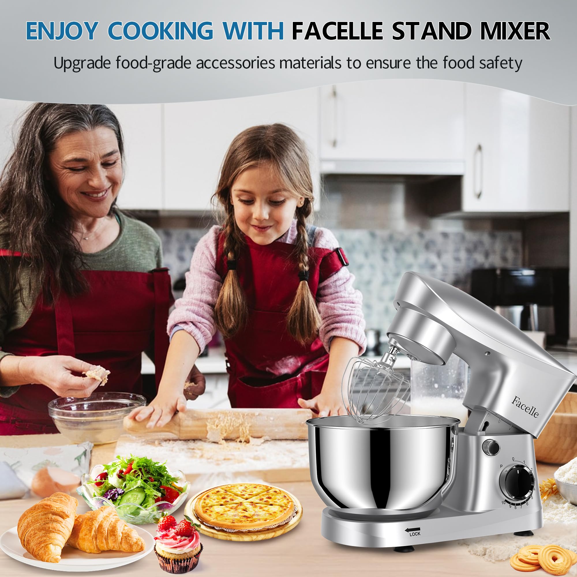 10-Speed 6QT Stand Mixer with Tilt-Head - Kitchen Electric Mixer Includes Beater, Dough Hook, Wire Whip & Egg Separator - Perfect for Baking Cakes, Cookies, Bread & Dough - Silver