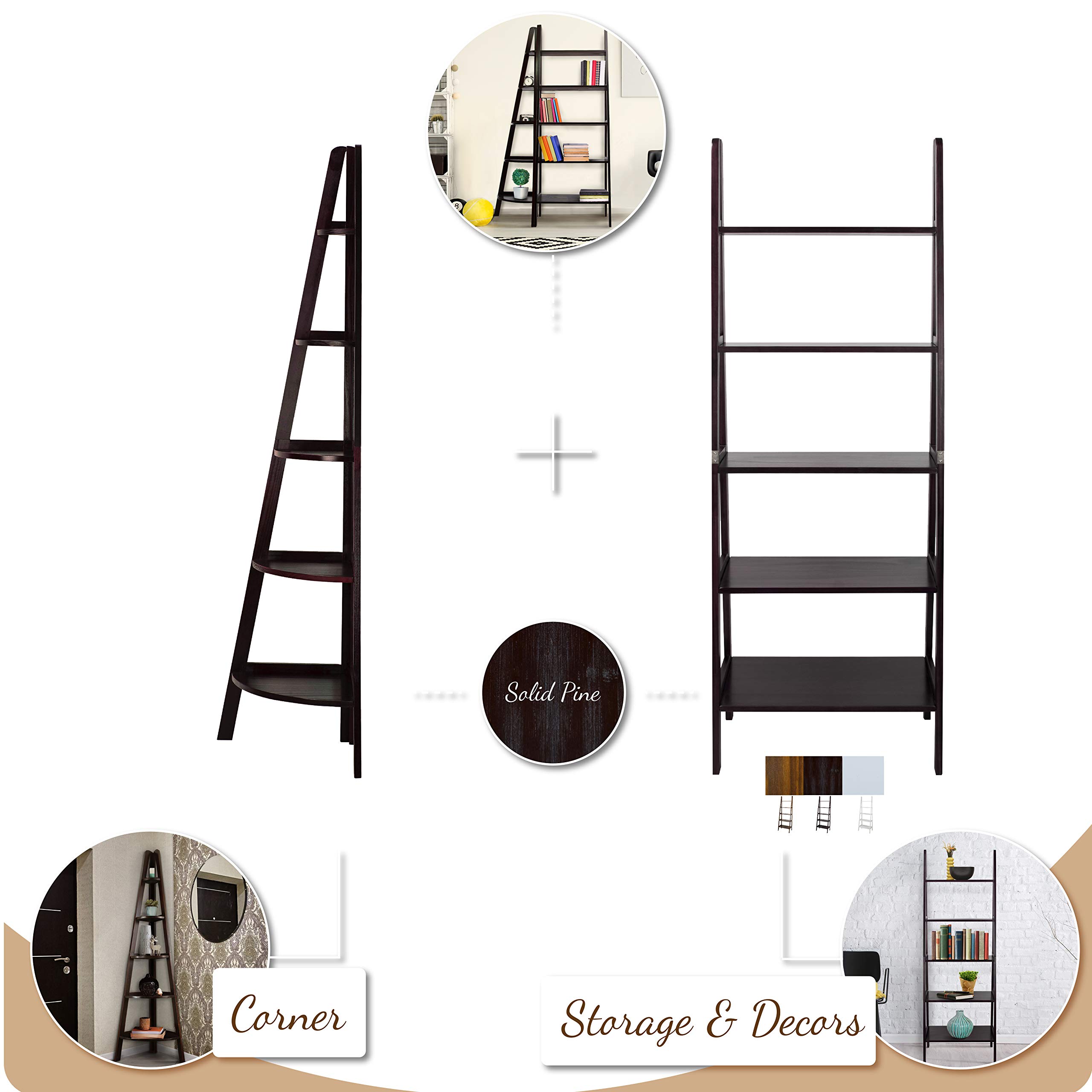Casual Home 5-Shelf Ladder Bookcase - Espresso Finish Wooden Bookshelf for Living Room, Bedroom & Office Storage - Sturdy & Stylish Home Decor Furniture (New)