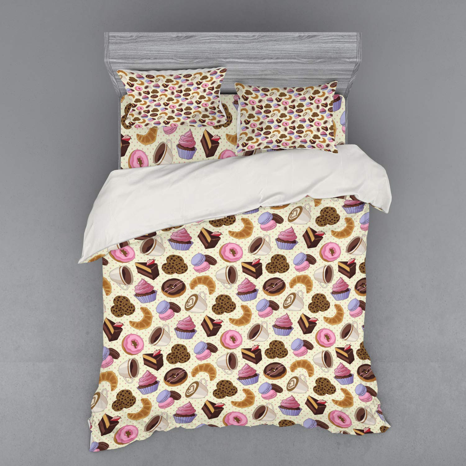 Ambesonne Coffee Themed Duvet Cover Set - 4 Piece Queen Size Bedding with Cups, Cookies, Cake & Chocolate Artwork Pattern - Perfect for Coffee Lovers' Bedroom Decor