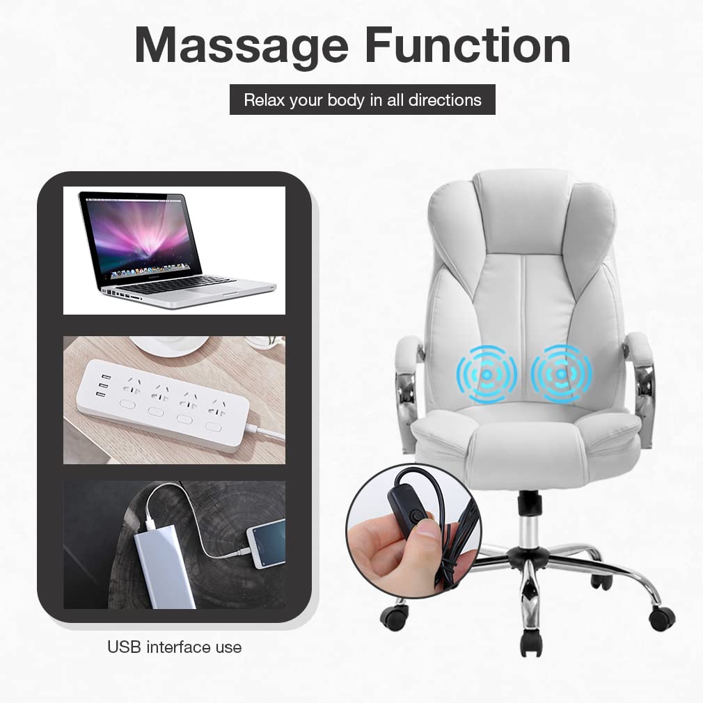 Adjustable High Back Ergonomic Office Chair with PU Leather & Lumbar Support - Executive Computer Task Chair with Massage & Swivel Wheels for Home Office - Perfect for Long Work Hours & Video Conferencing (White)