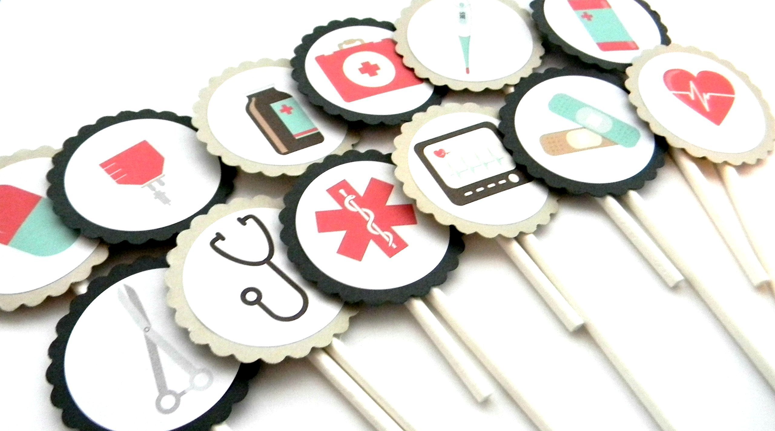 Vintage Medical Theme Cupcake Toppers - Set of 12 Decorations for Doctor Nurse Birthday Party, Baby Shower & Medical School Graduation - Perfect for Baking, Cake Decorating and Dessert Presentation