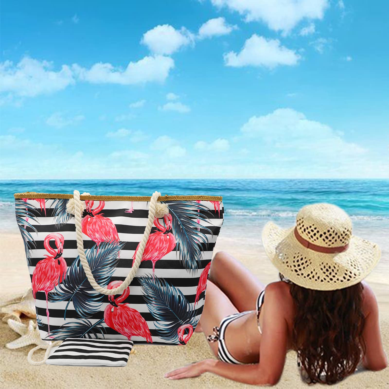Large Straw Beach Bag for Women with Zipper - Stylish Tote for Pool, Gym, Travel & Daily Use - Perfect for Summer Outings and Weekend Getaways