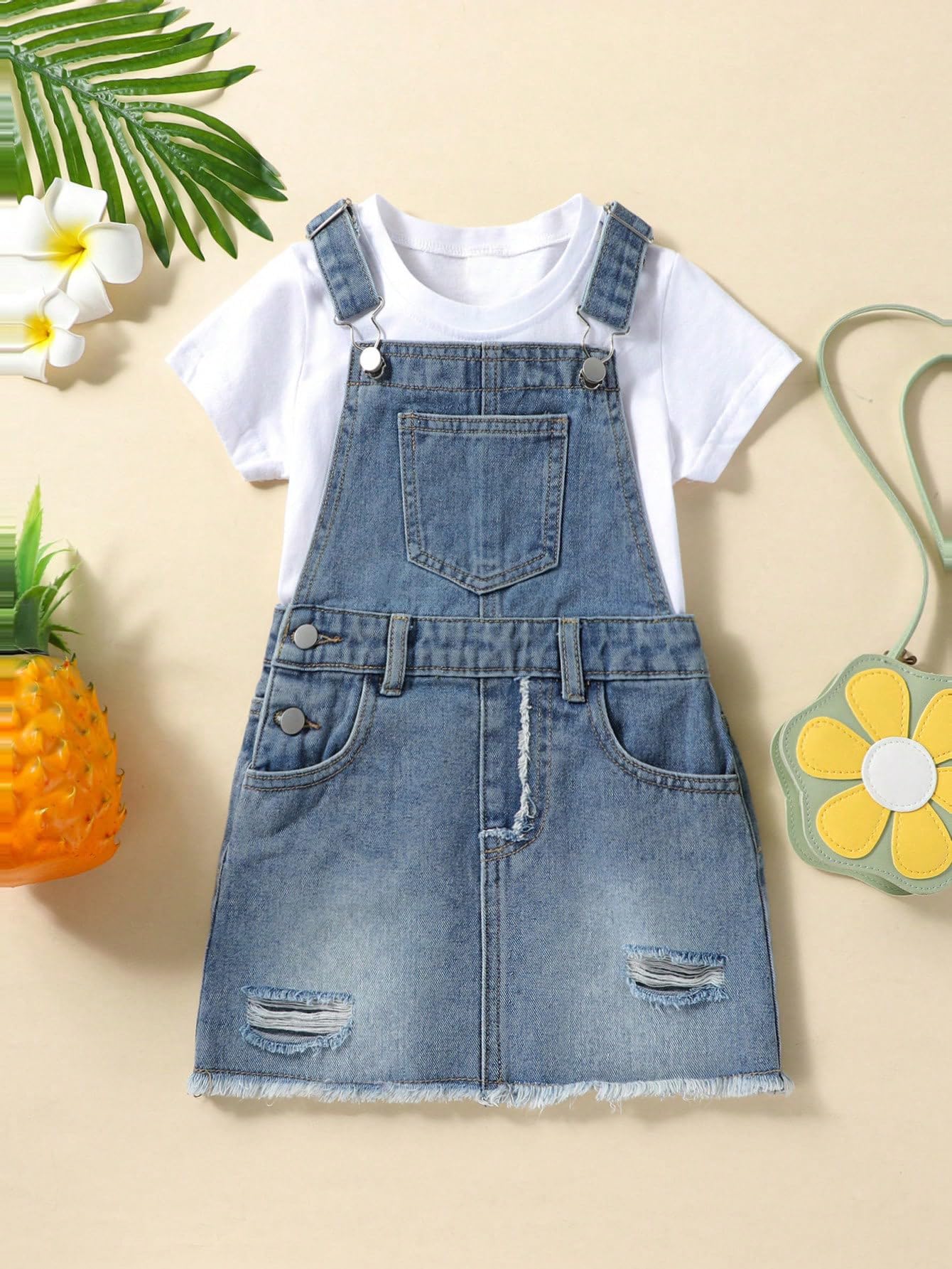Girl's Casual Ripped Raw Hem Midi Denim Overalls Dress with Pocket - Stylish and Comfortable Outfit for School, Playdates & Everyday Wear