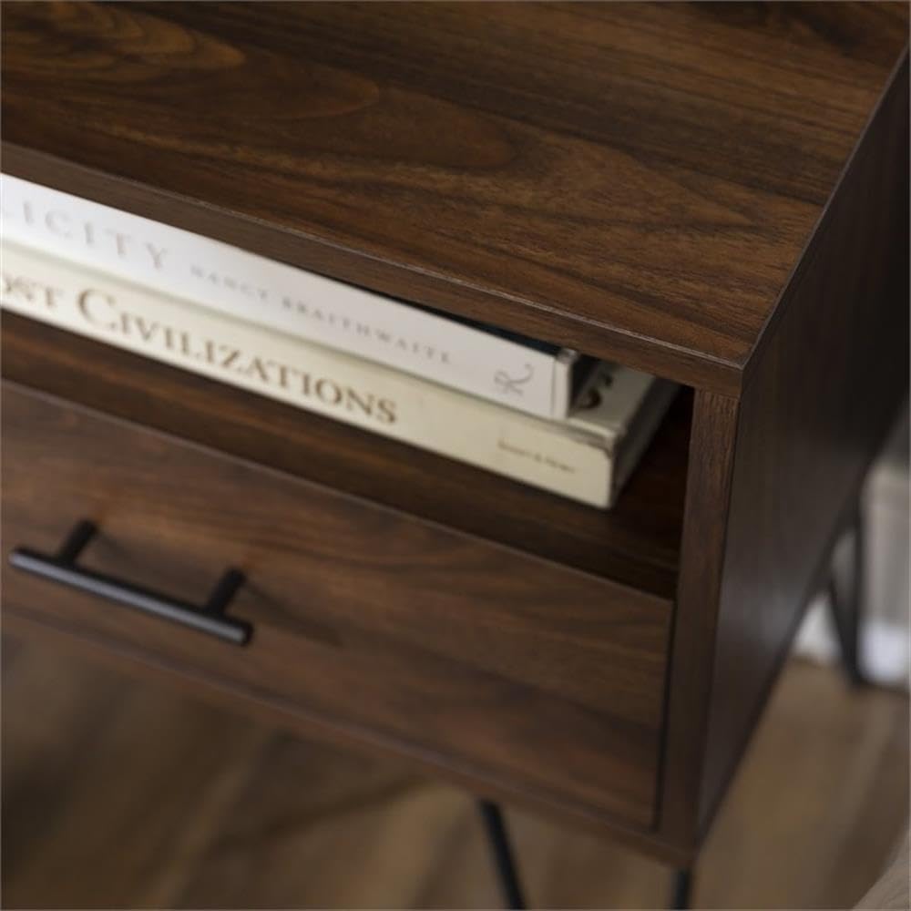 Walker Edison Hadley 2-Piece Mid-Century Modern Metal Hairpin Leg Side Table Set with 1 Drawer - Dark Walnut Finish - Perfect for Living Room, Bedroom or Office (2 Pack)