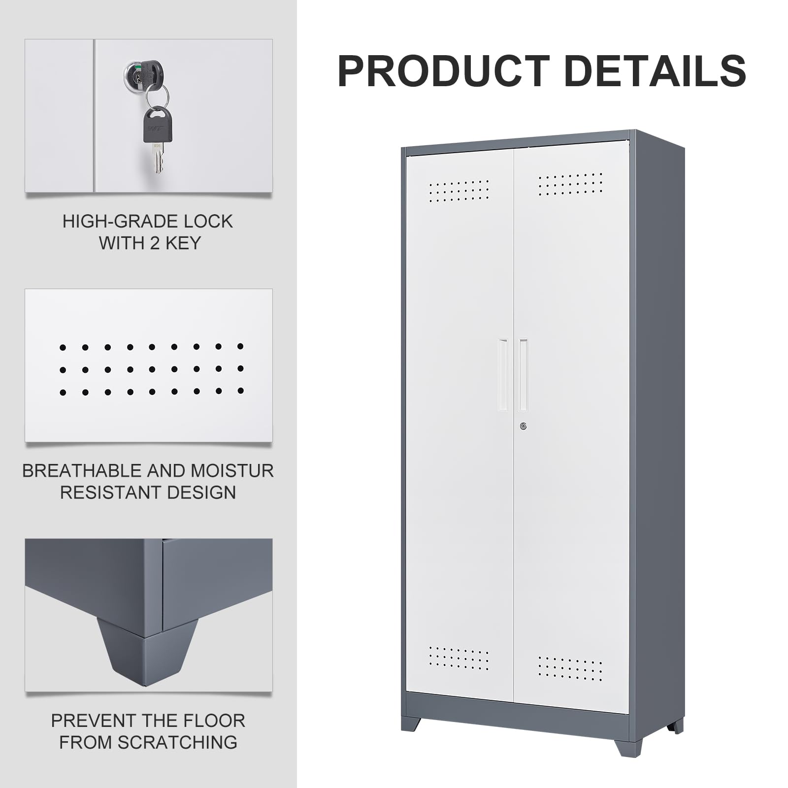 GREATMEET Metal Broom Closet with Pegboard & Hanging Rod - Cleaning Supplies Storage Cabinet with Lock for Utility Room, Garage & Laundry Room Organization