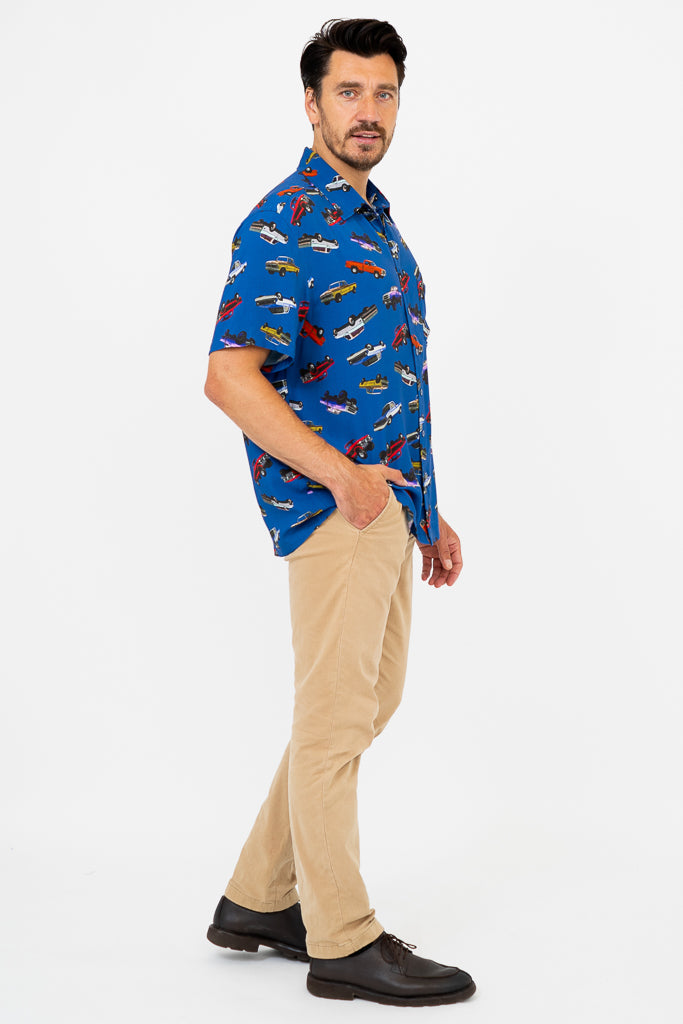 Dinosaur Print Shirt for Kids - Blue Truck Design, Soft Woven Bamboo Fabric - Perfect for Playdates, School & Outdoor Adventures
