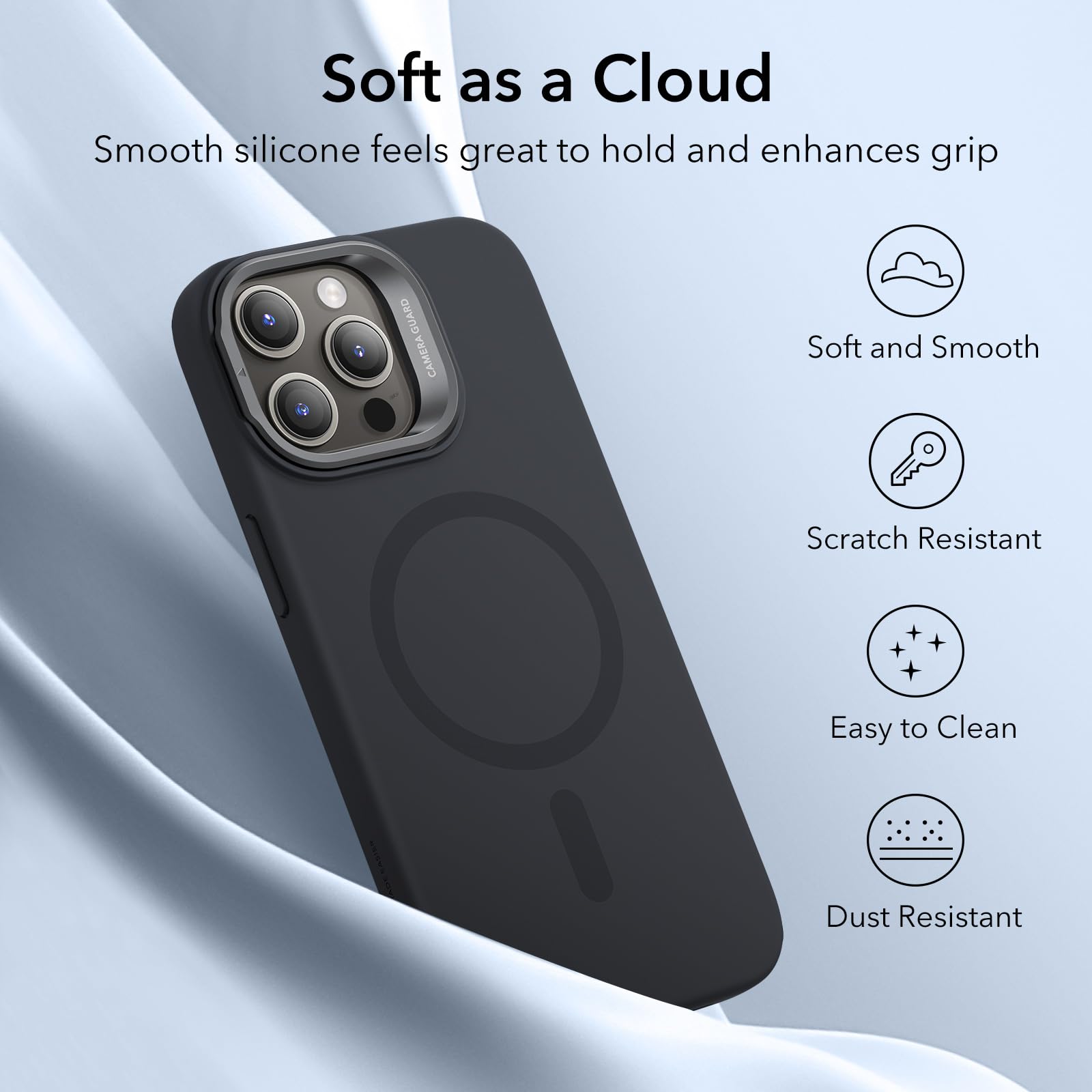 ESR for iPhone 15 Pro Max Case - MagSafe Silicone Stand Case with Military-Grade Protection & Built-in Camera Stash | Magnetic Phone Cover for iPhone 15 Pro Max (Cloud Series, Black) | Perfect for Work, Travel & Daily Use
