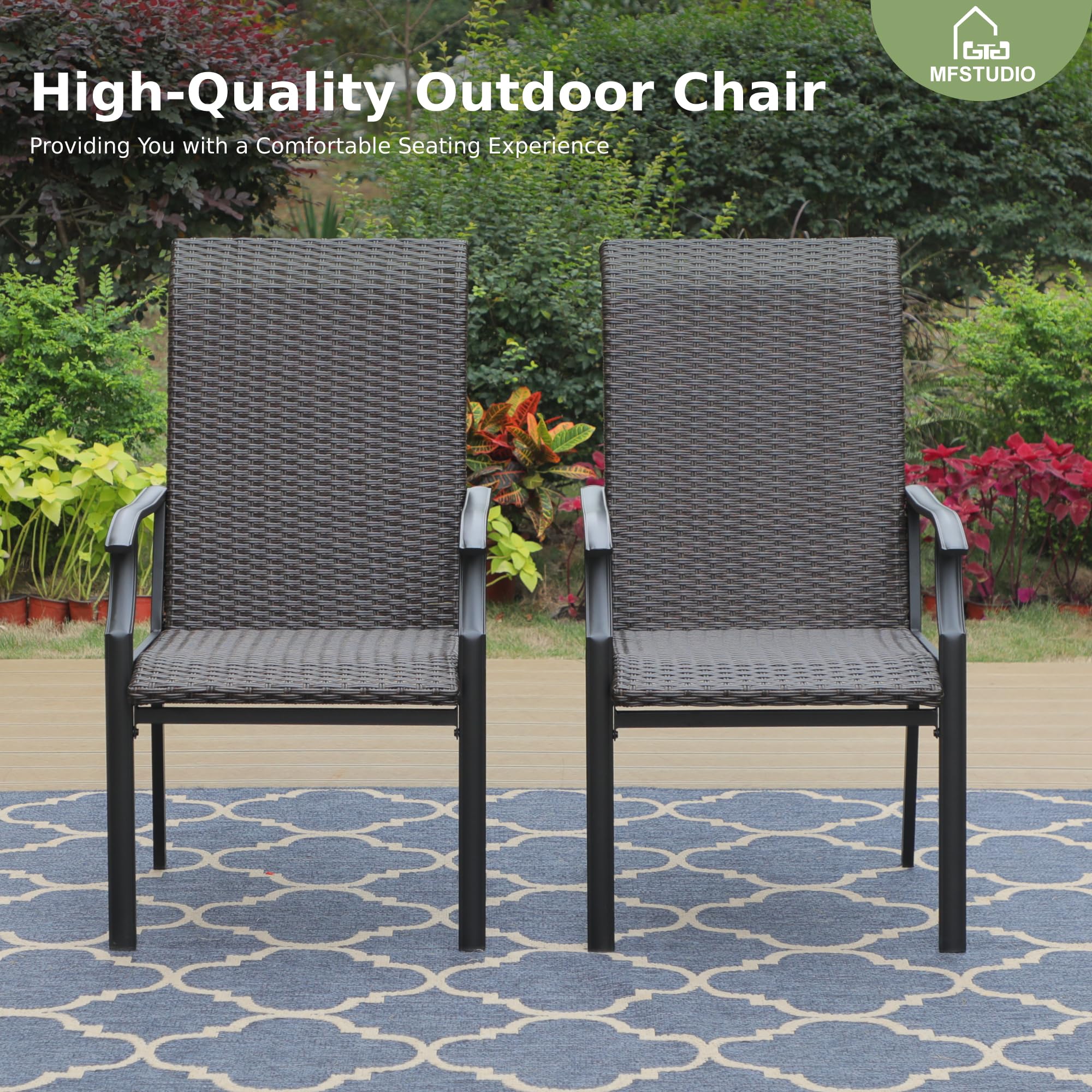 MFSTUDIO 2-Piece Patio Rattan Dining Chairs Set - High Back All-Weather Wicker Chairs with Oversized Seat, Sturdy Metal Frame & Armrests (350lb Capacity, Brown) - Perfect for Outdoor Dining, Backyard, Garden & Poolside Relaxation
