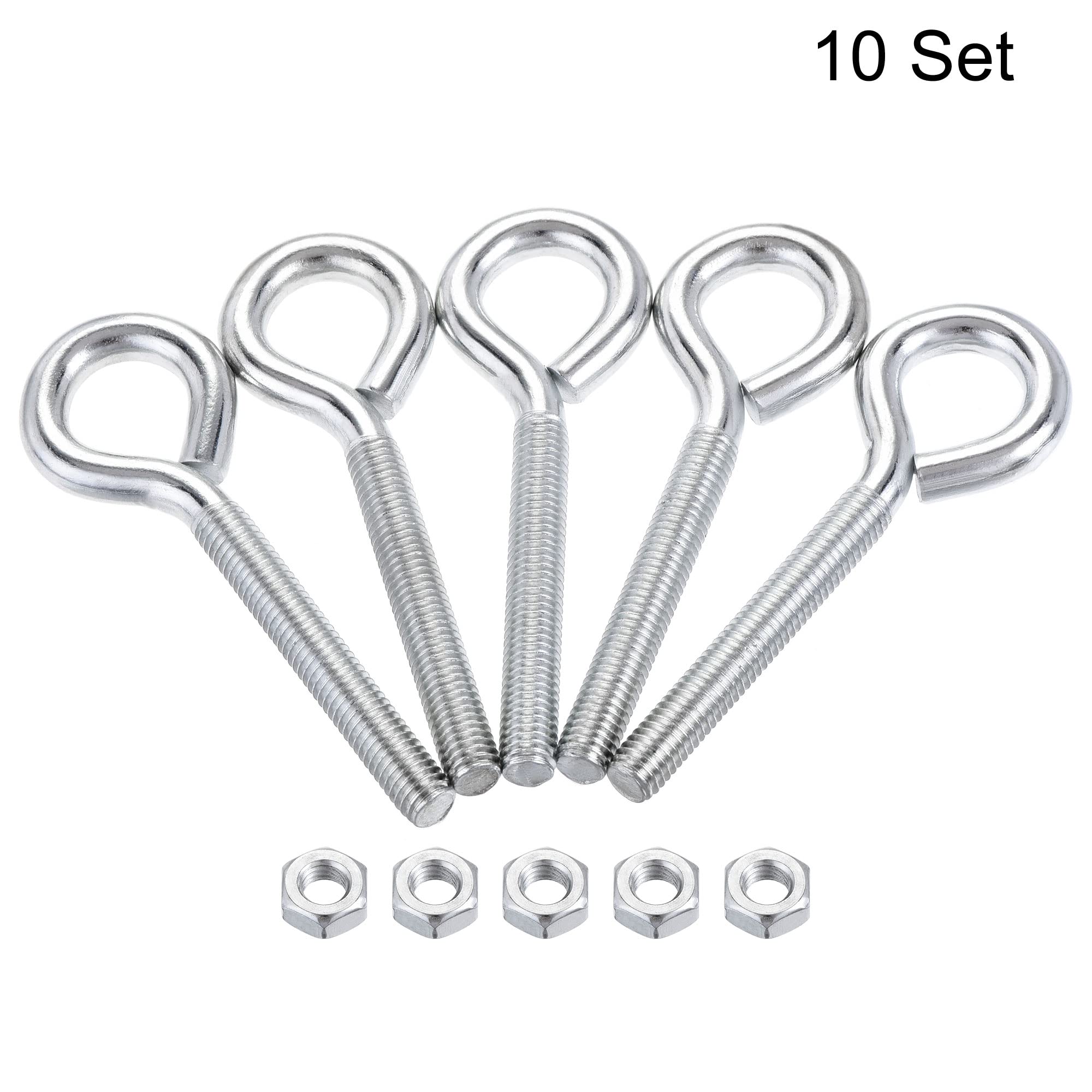 uxcell M8x60mm Eye Hooks Screws Bolts Kit - 10pcs Carbon Steel Hanger Eyelet Hooks with Hex Nuts for Metal & Wood - Heavy Duty Hanging Hooks for Garage, Workshop, DIY Projects & Home Organization